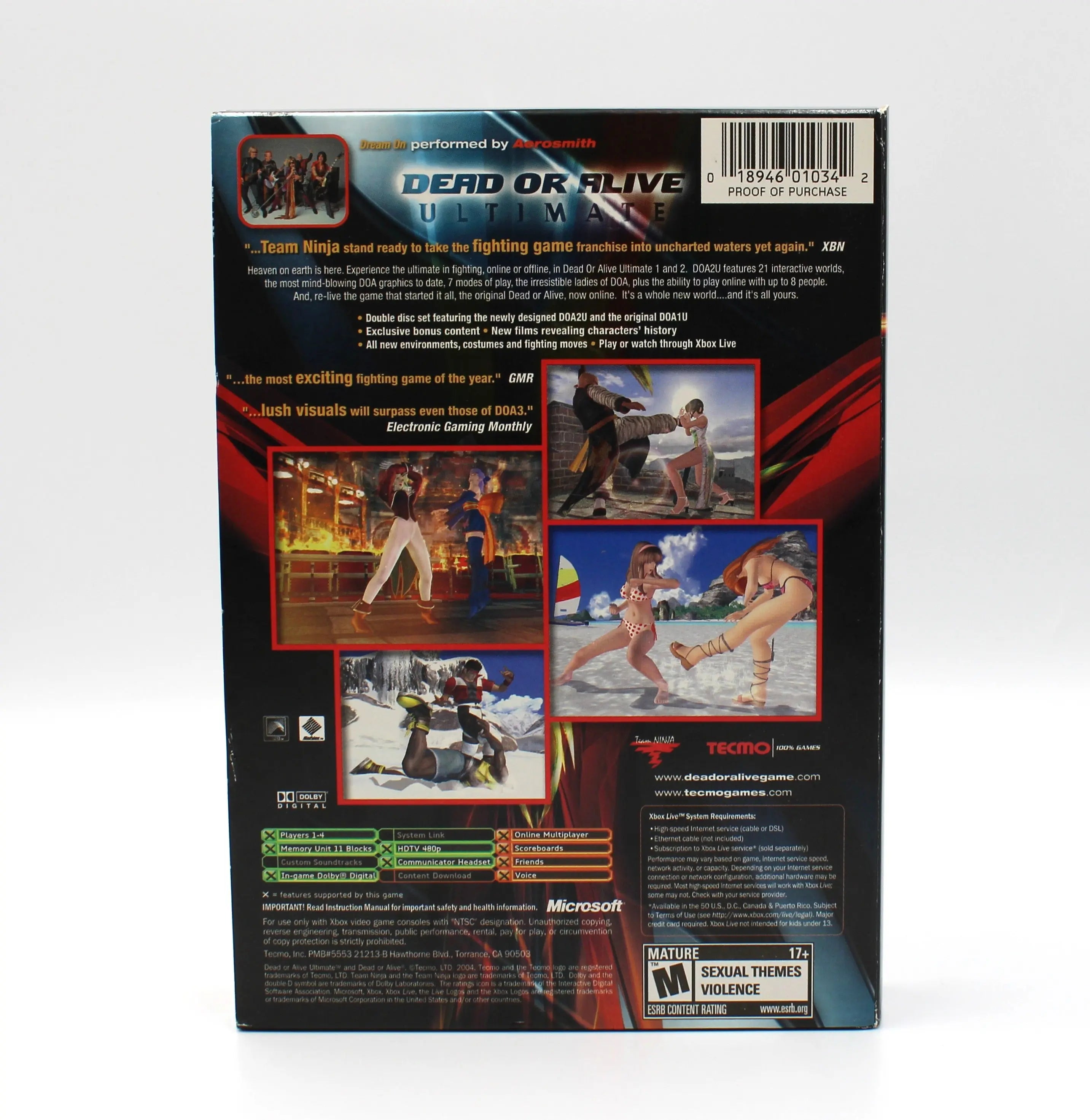 Back view of Dead or Alive Ultimate for Microsoft Xbox Original NTSC-U outer slipcover box, displaying game details, features, UPC, and artwork.