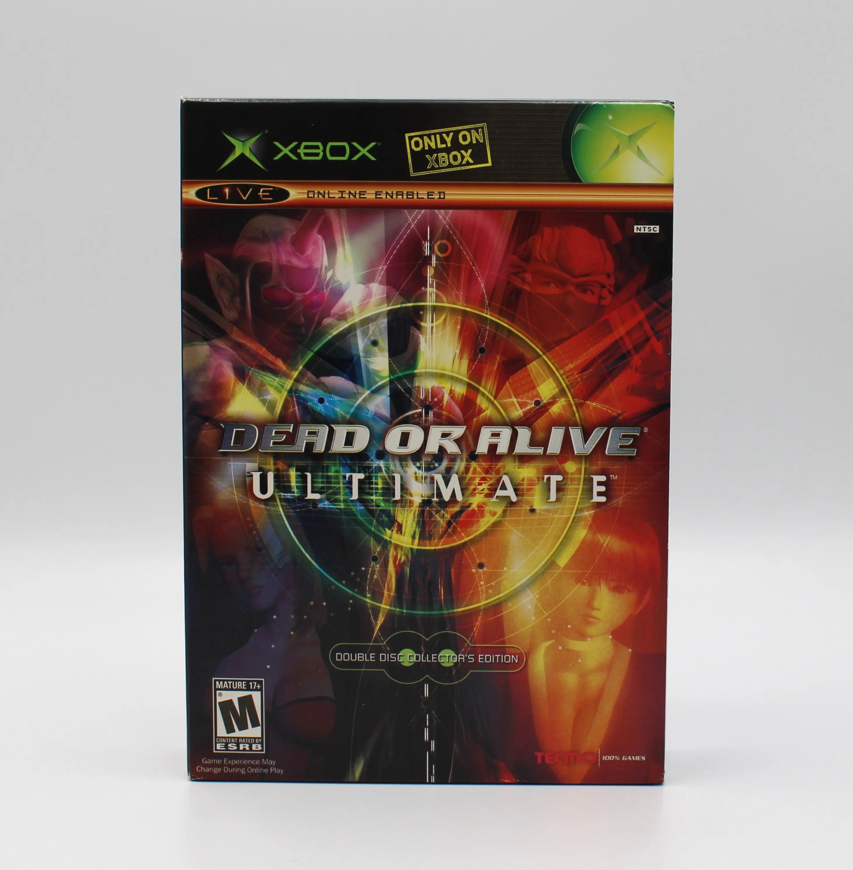 Front view of Dead or Alive Ultimate for Microsoft Xbox Original NTSC-U outer slipcover box, displaying game details, ESRB M rating, game title, and Xbox logo.