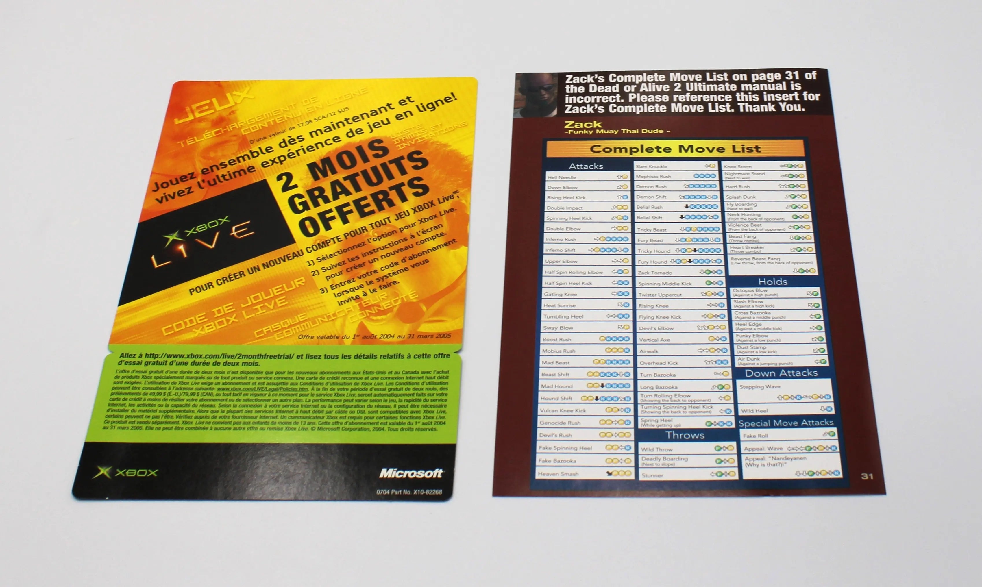 Back view of both game inserts for Dead or Alive Ultimate for Microsoft Xbox Original NTSC-U, displaying back cover artwork and details - complete move list.