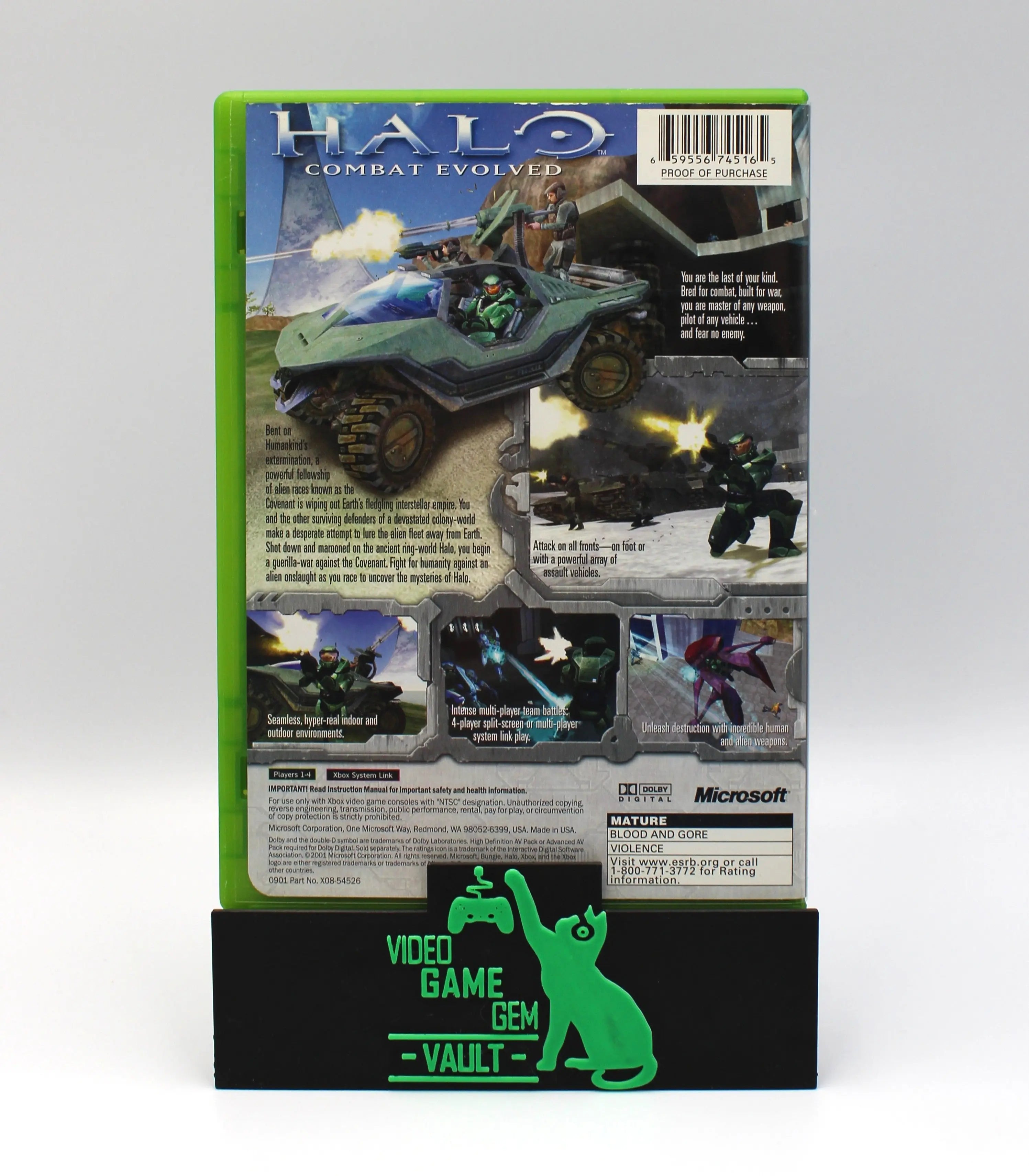 Back cover of Halo: Combat Evolved for Microsoft Xbox Original NTSC-U game case, displaying game description, screenshots, and barcode.