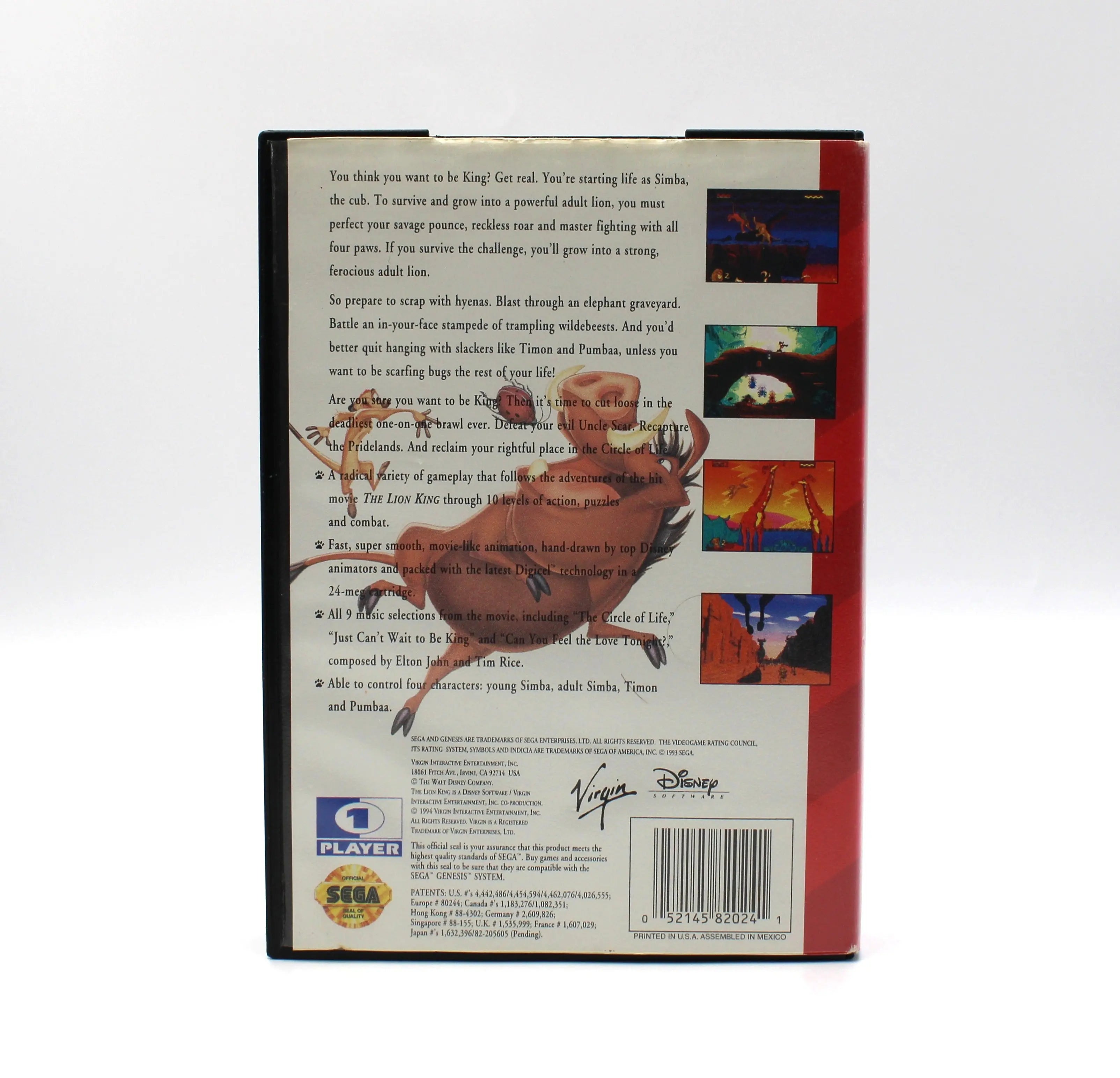 Shop for an authentic copy online of The Lion King CIB with manual for Sega Genesis. See picture of back of case artwork cover.