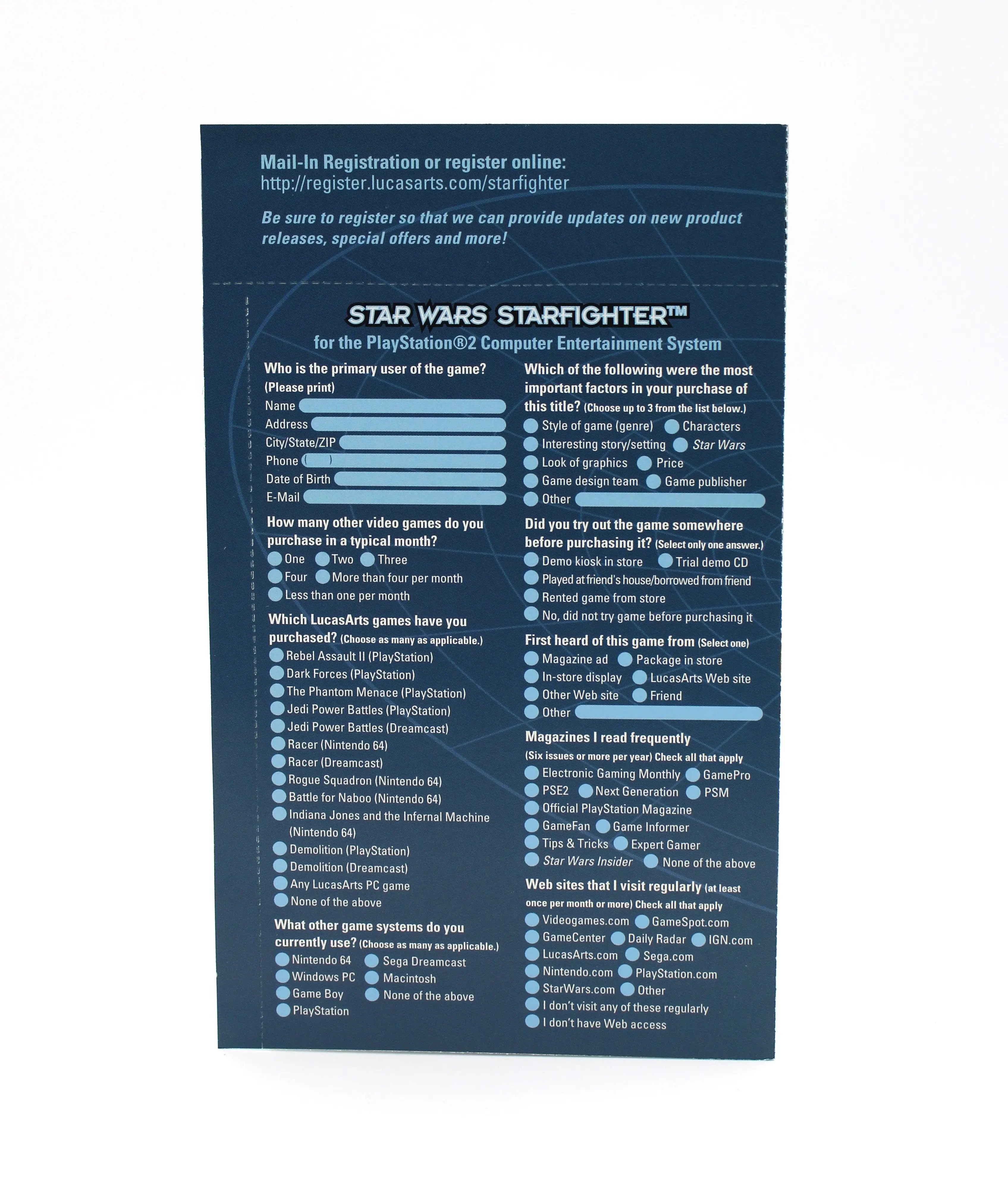 For sale is Star Wars Starfighter for Sony PlayStation 2, PS2. 2002 release. Greatest Hits GH CIB + Manual & Reg Card! See picture of back of unused warranty registration card attached to manual.