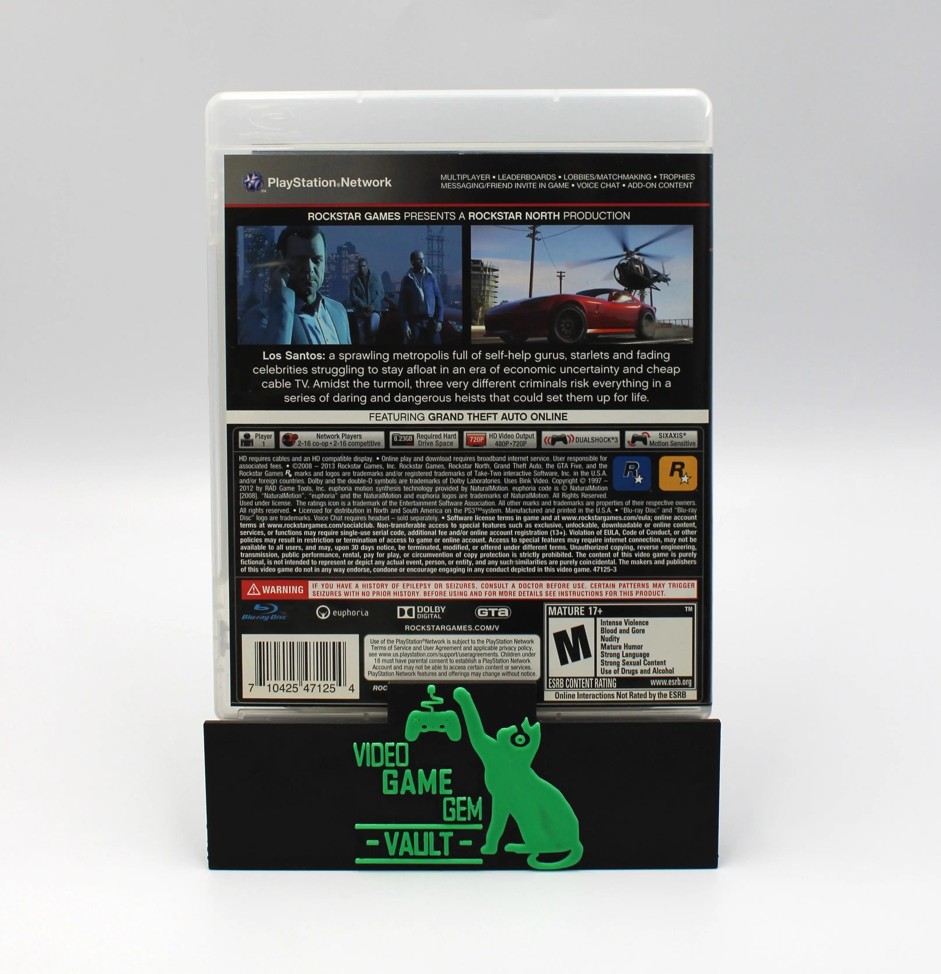 Back cover of Grand Theft Auto V (GTA 5) for PS3 (2013) NTSC-U, displaying game description, screenshots, and ESRB rating