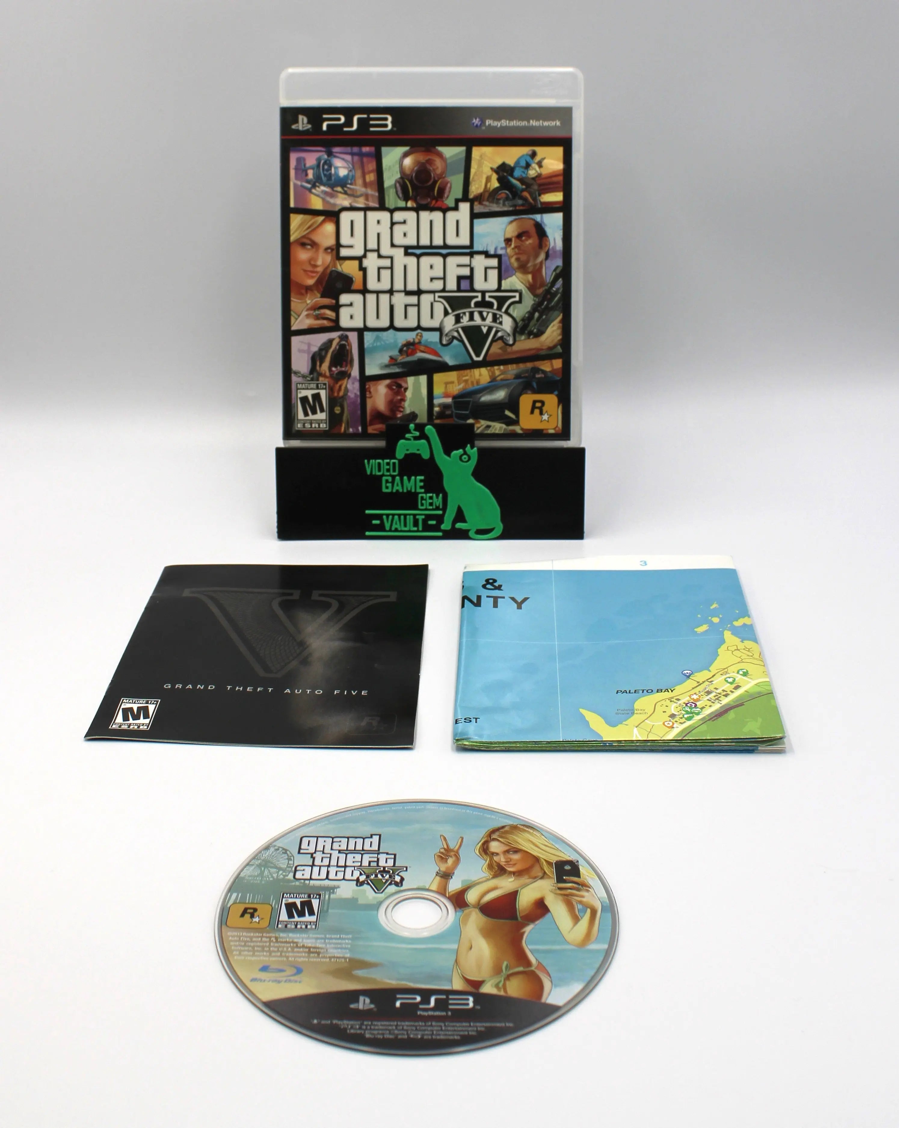 Main display of Grand Theft Auto V (GTA 5) for Sony PlayStation 3 PS3 (2013) NTSC-U – includes case, authentic disc, manual, and map insert.