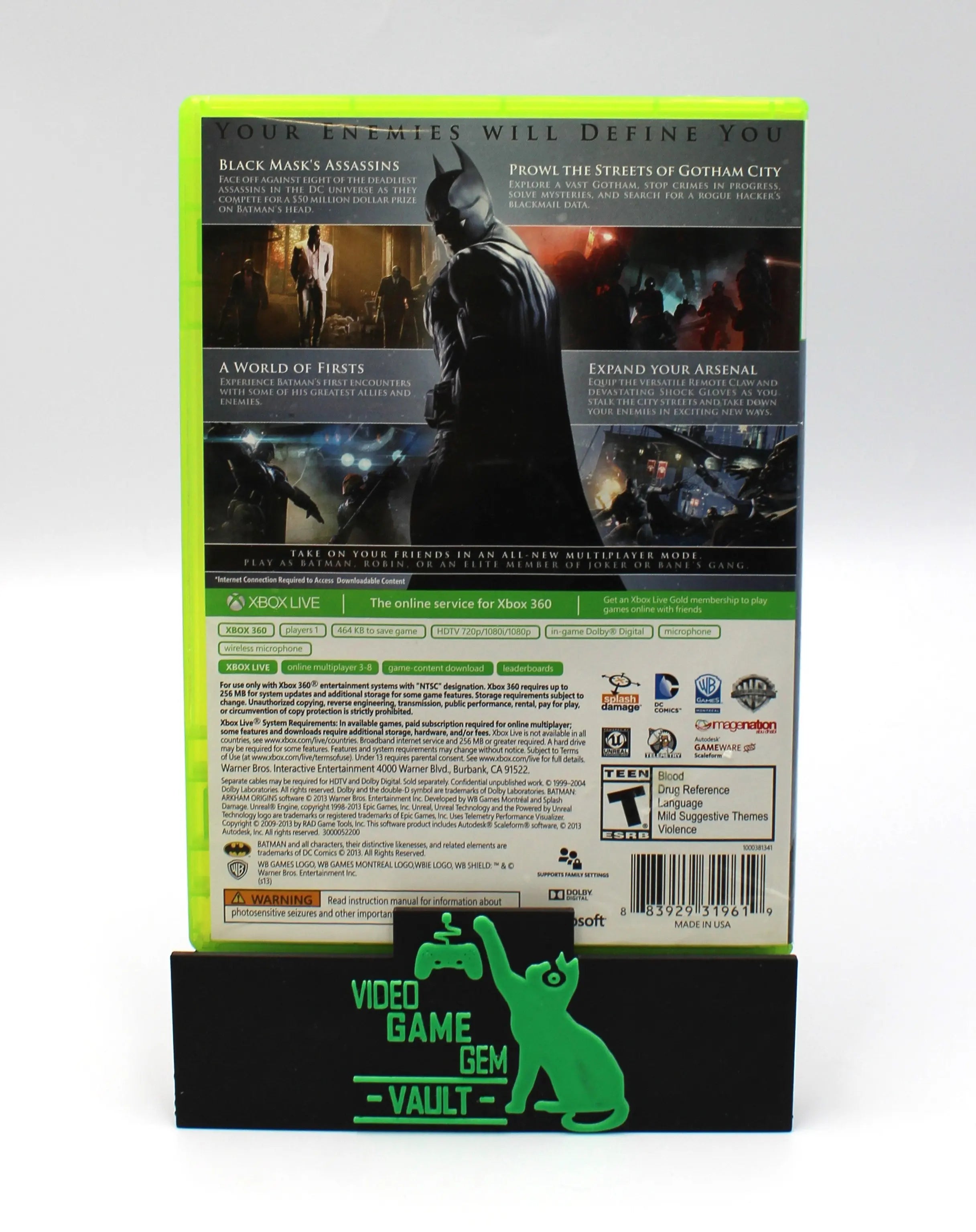 Back cover of Batman: Arkham Origins for Microsoft Xbox 360 NTSC-U game case, displaying game description, features, and screenshots.