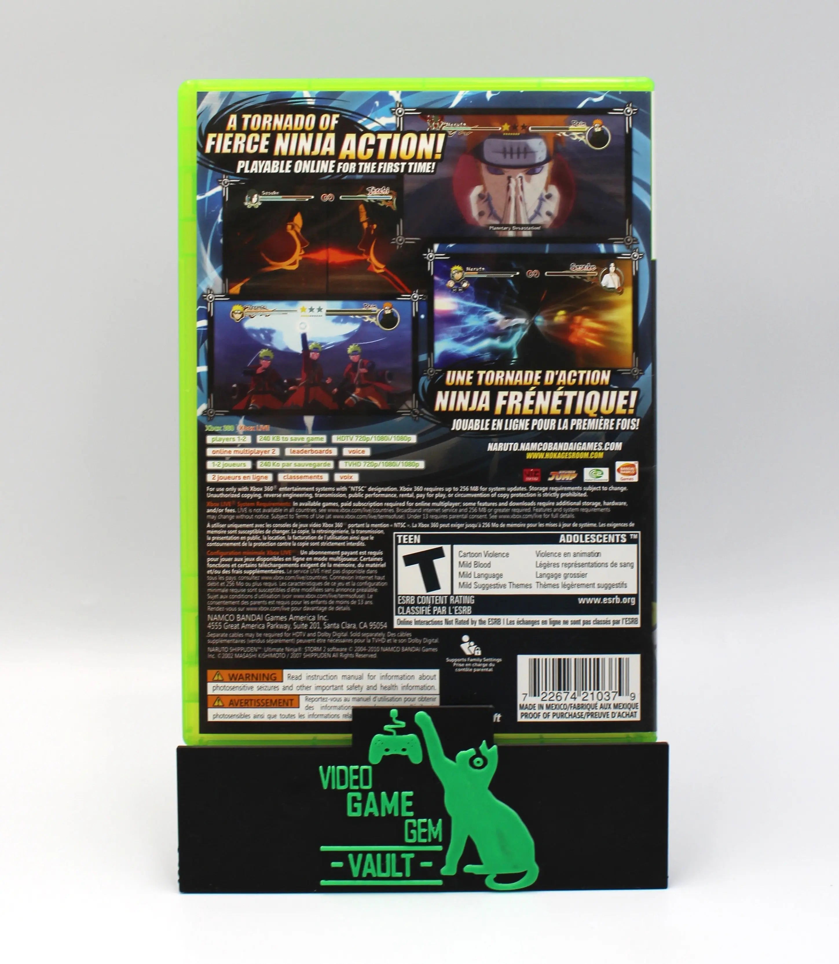 Back cover of Naruto: Rise of a Ninja for Microsoft Xbox 360 NTSC-U game case, displaying game description, features, and screenshots.