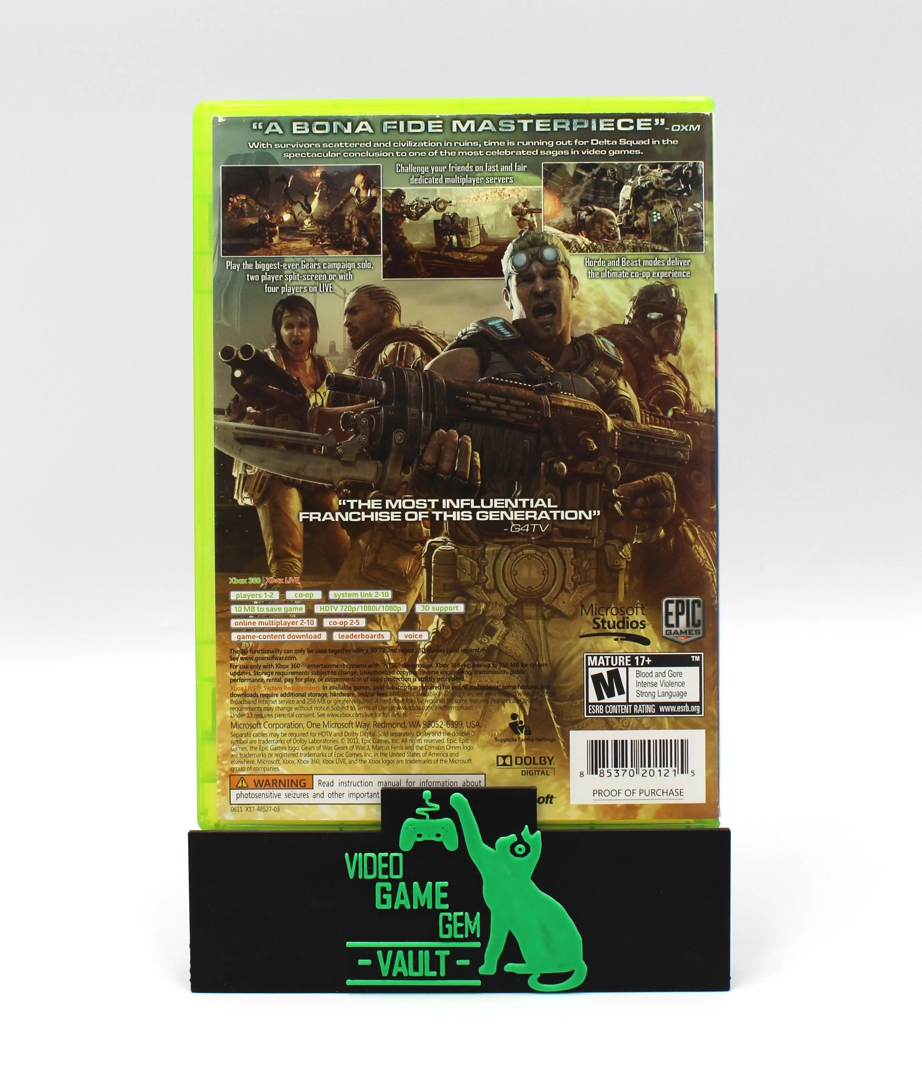 Back cover of Gears of War 3 for Microsoft Xbox 360 NTSC-U game case, displaying game description, features, and screenshots