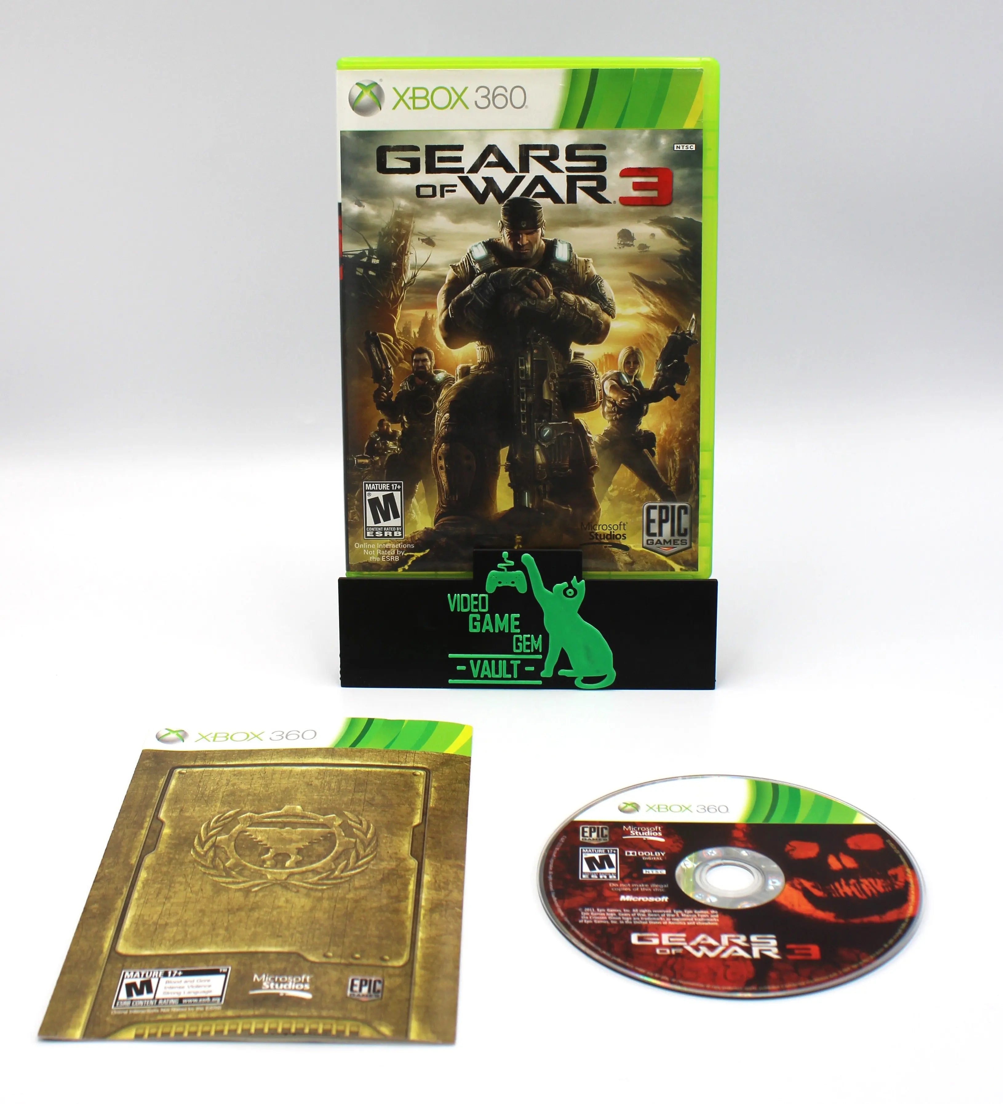 Main display of Gears of War 3 for Microsoft Xbox 360 NTSC-U, showing complete game set with case, manual, and game disc.