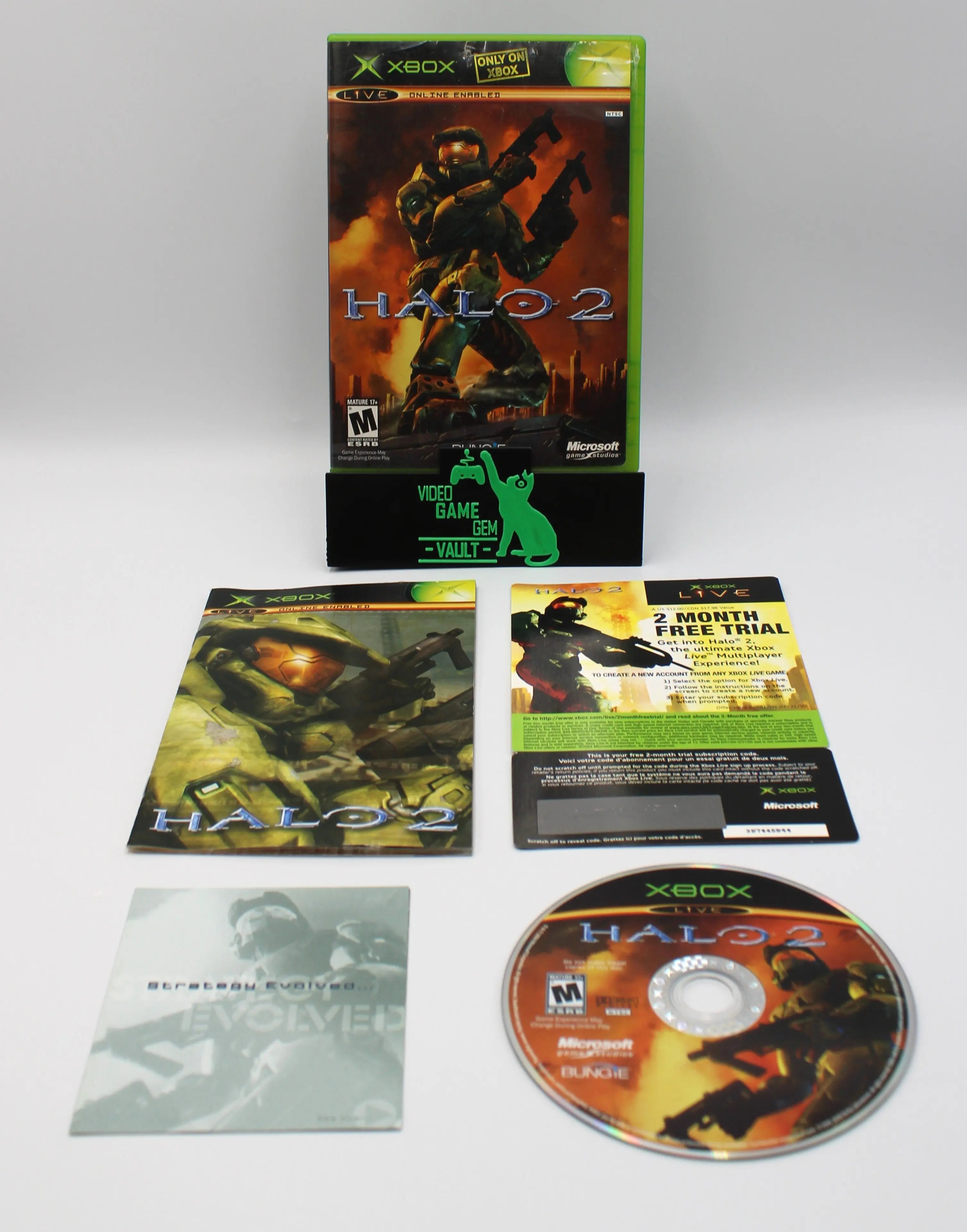 Main display of Halo 2 for Microsoft Xbox Original NTSC-U, showing complete game set with case, all inserts, and game disc.