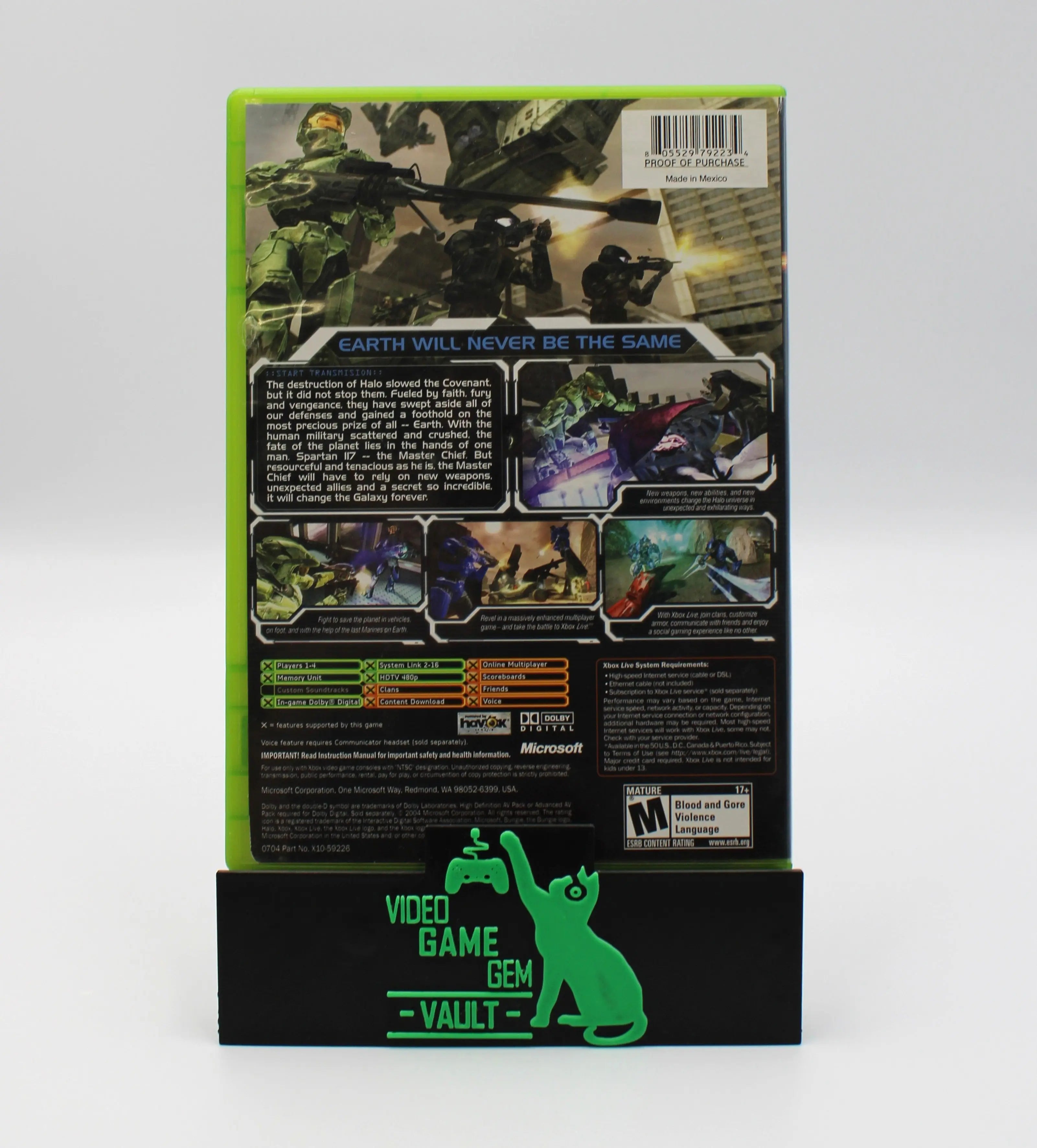 Back cover of Halo 2 for Microsoft Xbox Original authentic NTSC-U game case, displaying game description, screenshots, and barcode.
