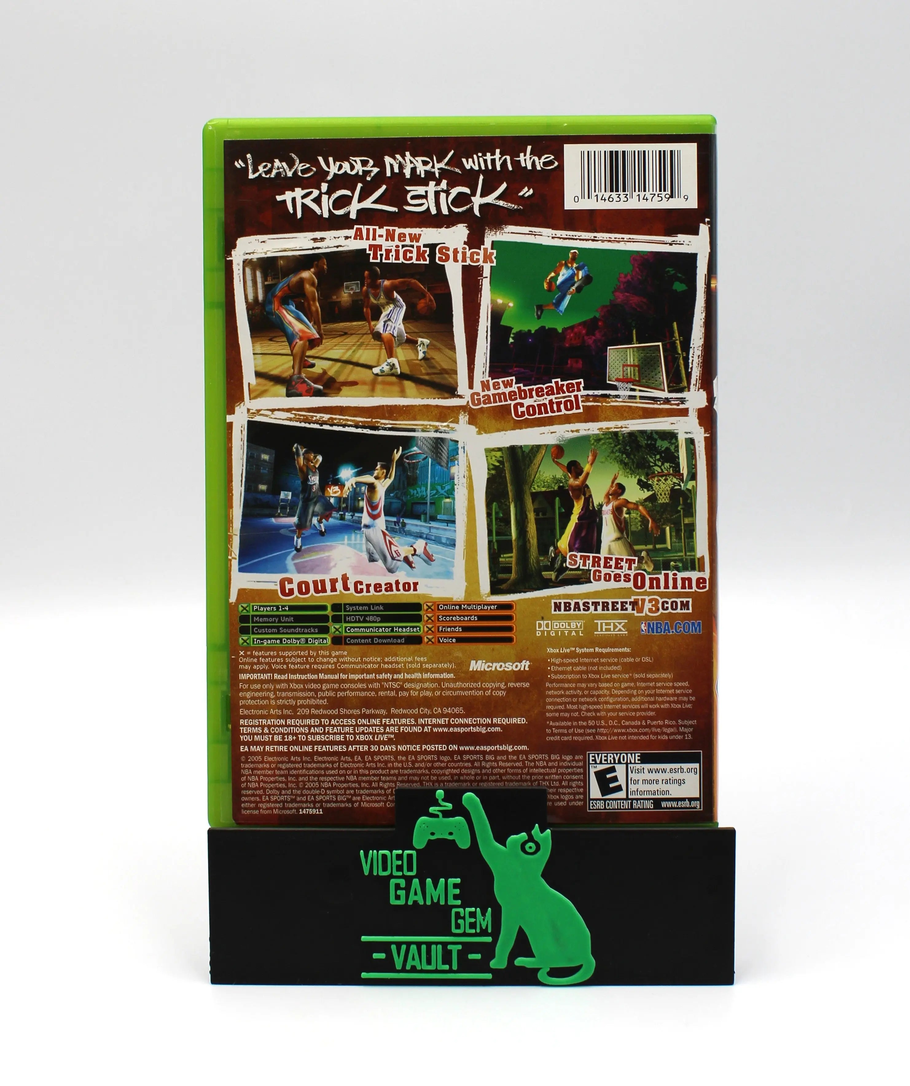 Back cover of NBA Street Vol. 3 for Microsoft Xbox Original NTSC-U game case, displaying game description, screenshots, and barcode