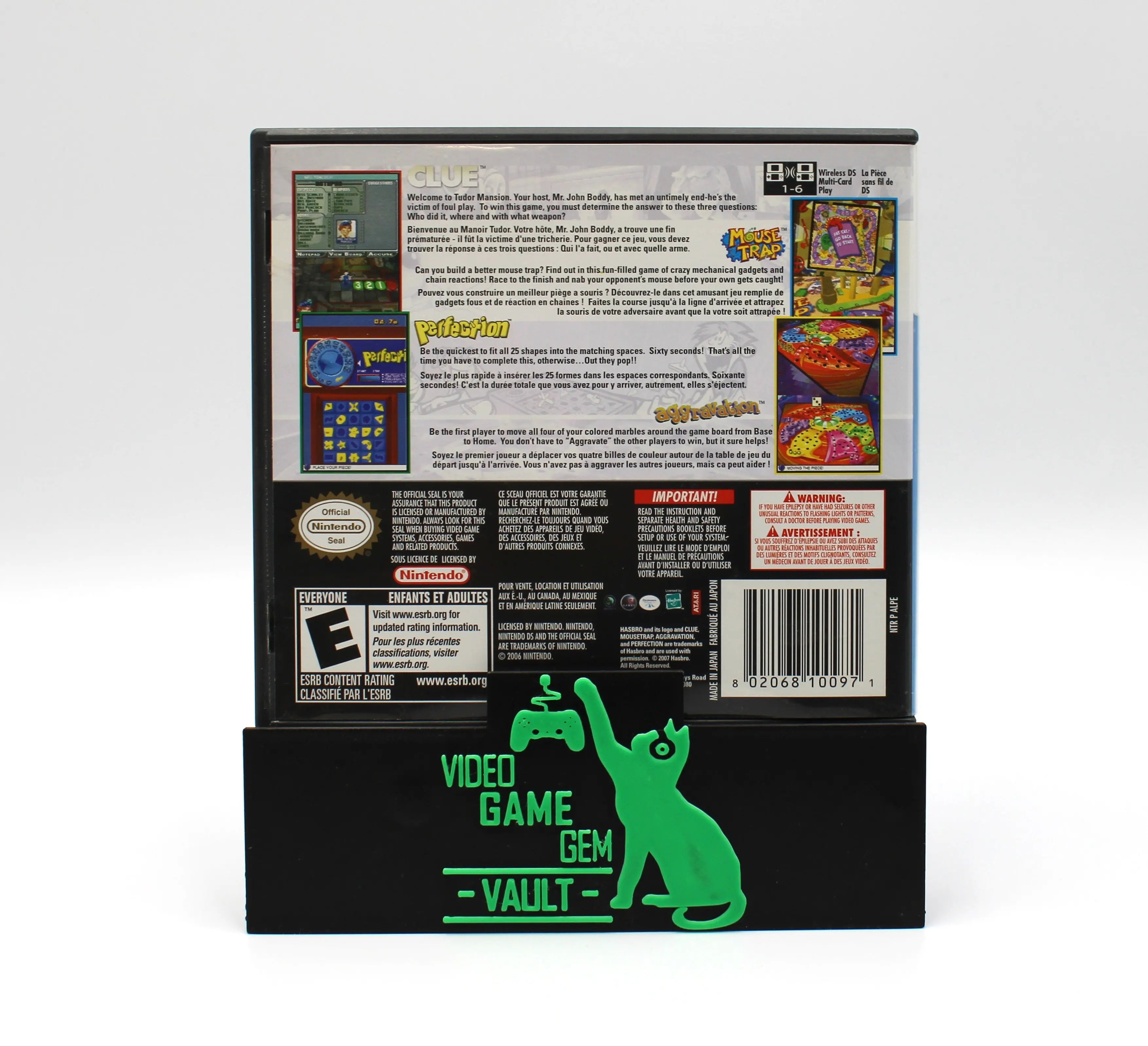 For sale on Nintendo DS is an authentic CIB copy of the 4 Game Pak with Clue/Mouse Trap/Perfection/Aggravation. See picture of the back case/box cover artwork.