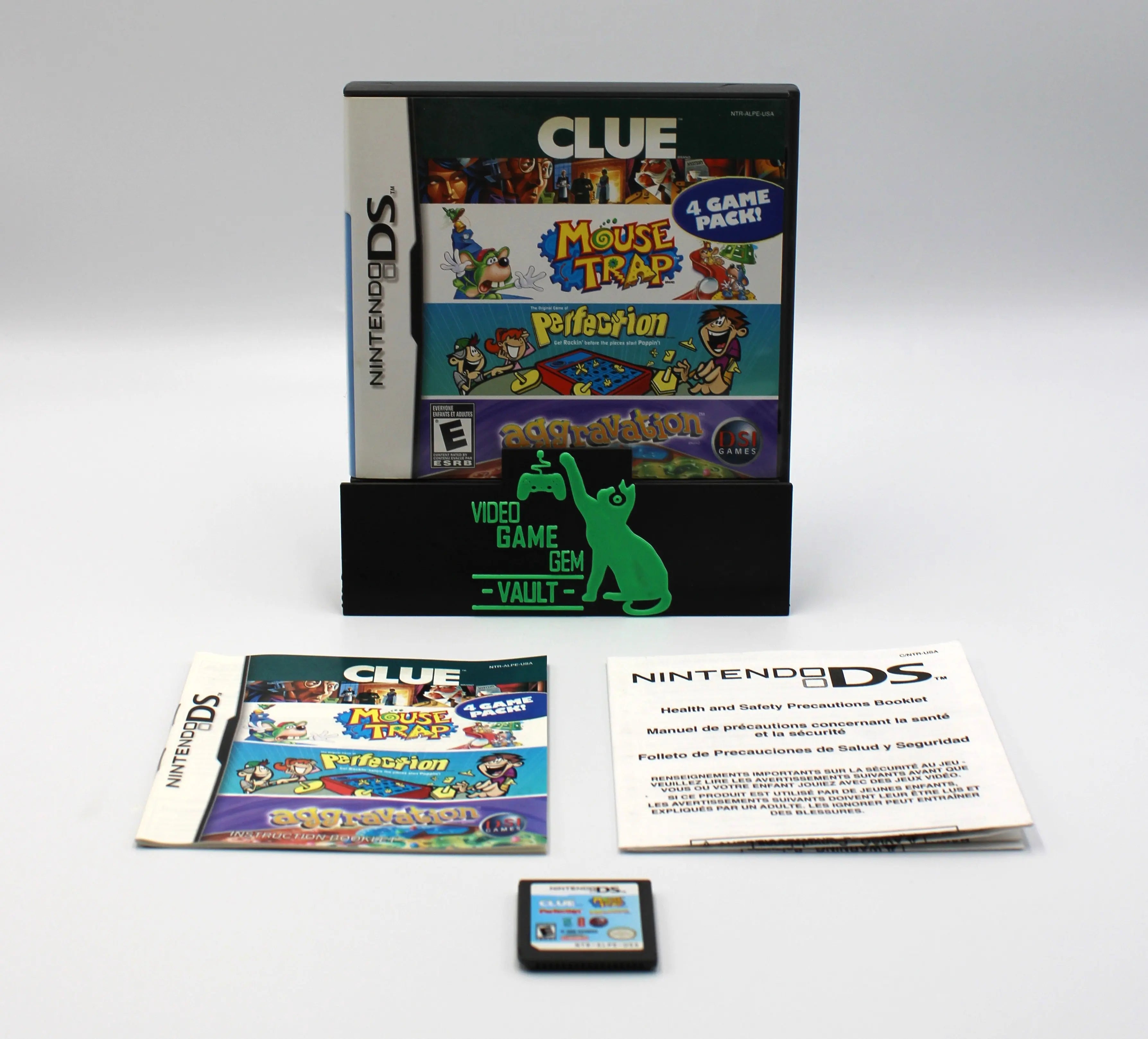 For sale on Nintendo DS is an authentic CIB copy of the 4 Game Pak with Clue/Mouse Trap/Perfection/Aggravation. See picture of Case, cover, manual, precautions booklet, and game cartridge!