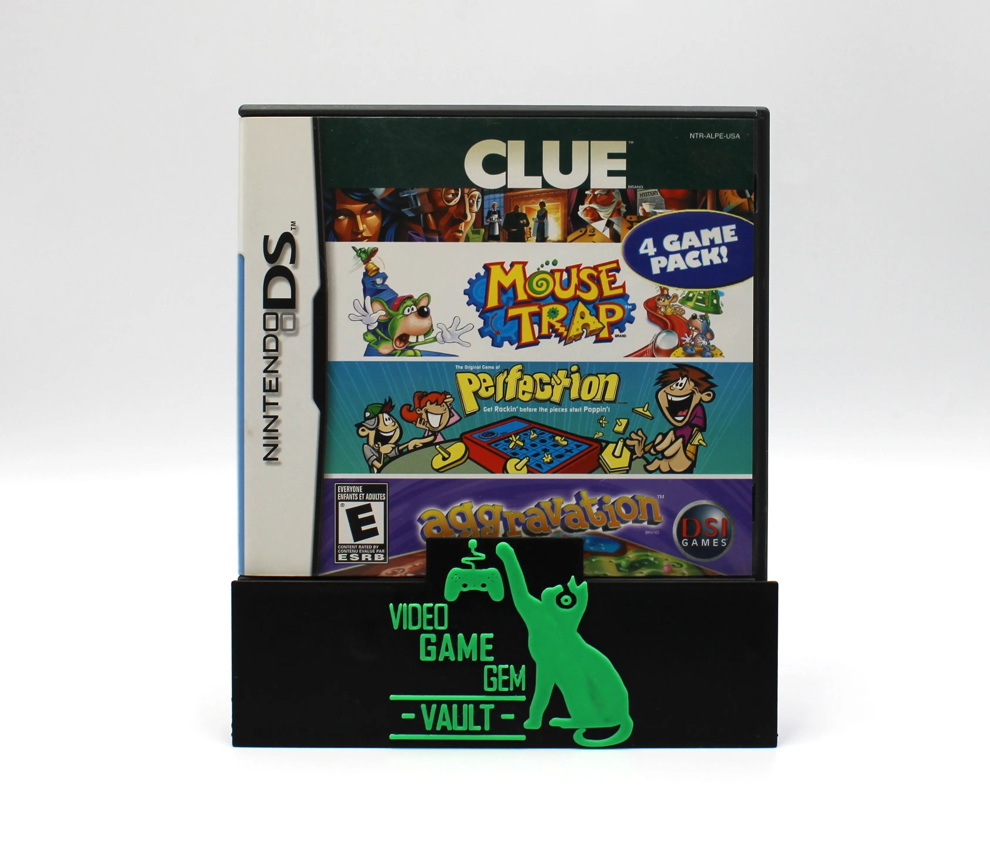 For sale on Nintendo DS is an authentic CIB copy of the 4 Game Pak with Clue/Mouse Trap/Perfection/Aggravation. See picture of the front case/box cover artwork.