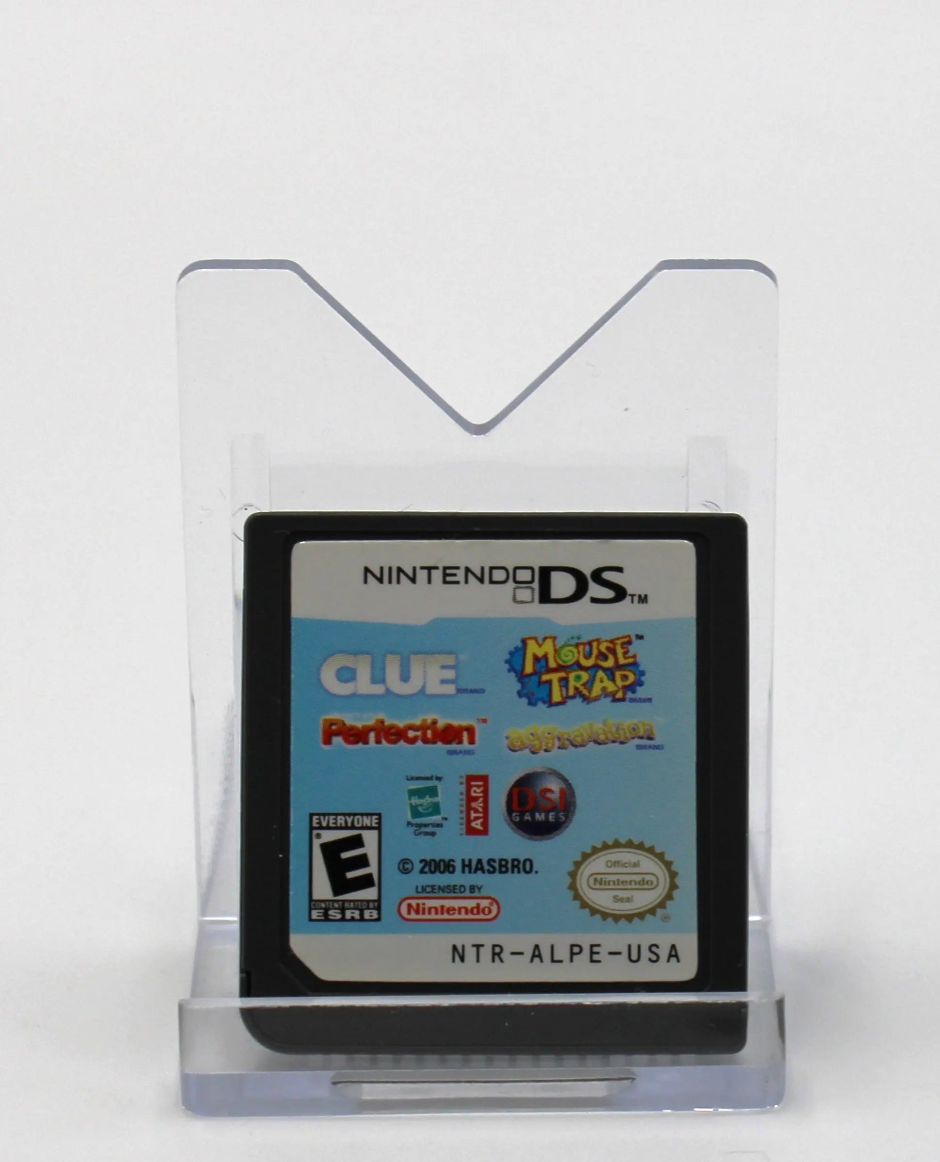 For sale on Nintendo DS is an authentic CIB copy of the 4 Game Pak with Clue/Mouse Trap/Perfection/Aggravation. See picture of game cartridge front label.