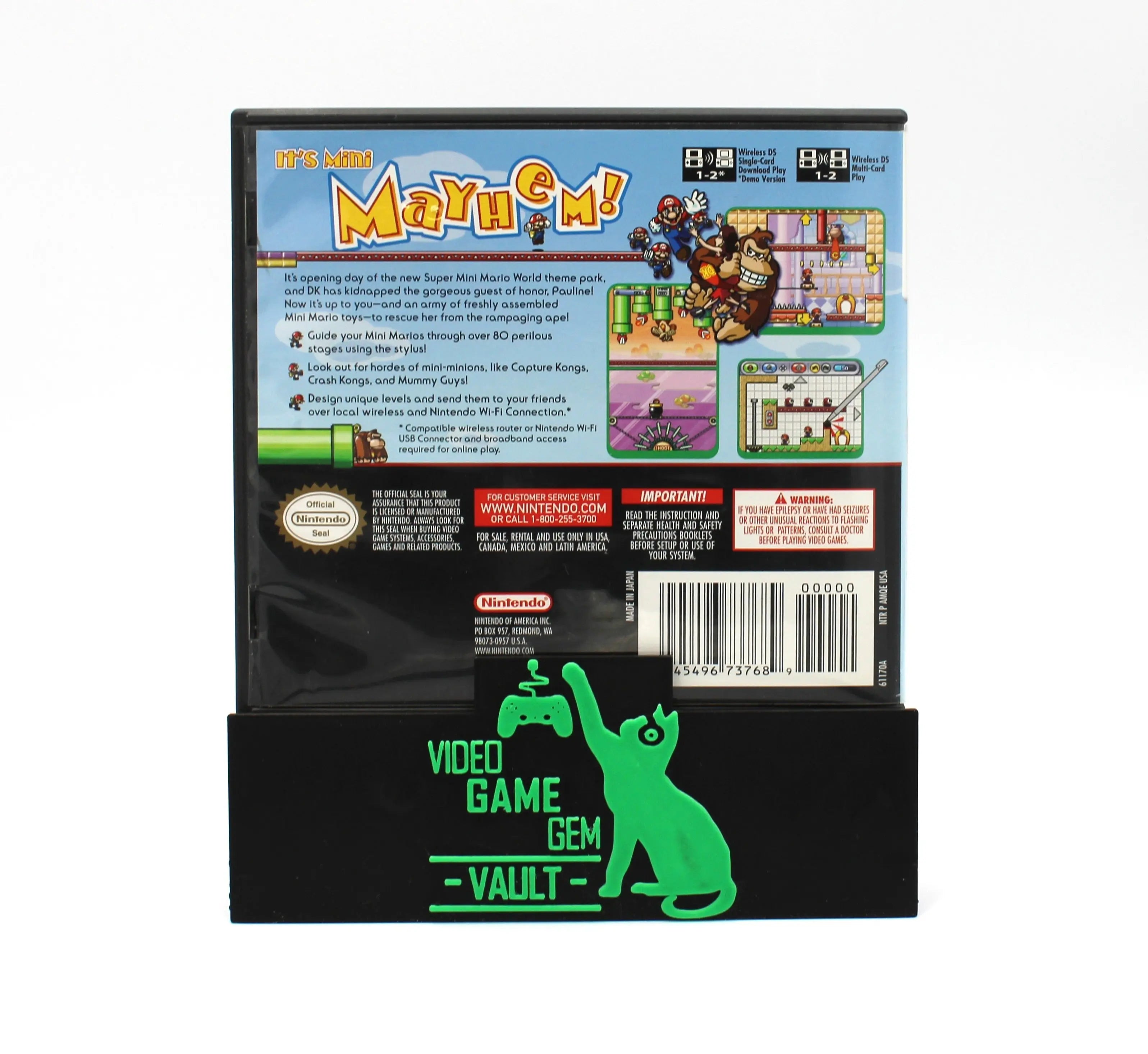 Back case image view of NTSC-U Mario vs. Donkey Kong 2: March of the Minis complete in box for Nintendo DS. (2006) CIB with all Inserts. Showing back case cover with Mario and Donkey Kong images, UPC, and official Nintendo Seal.