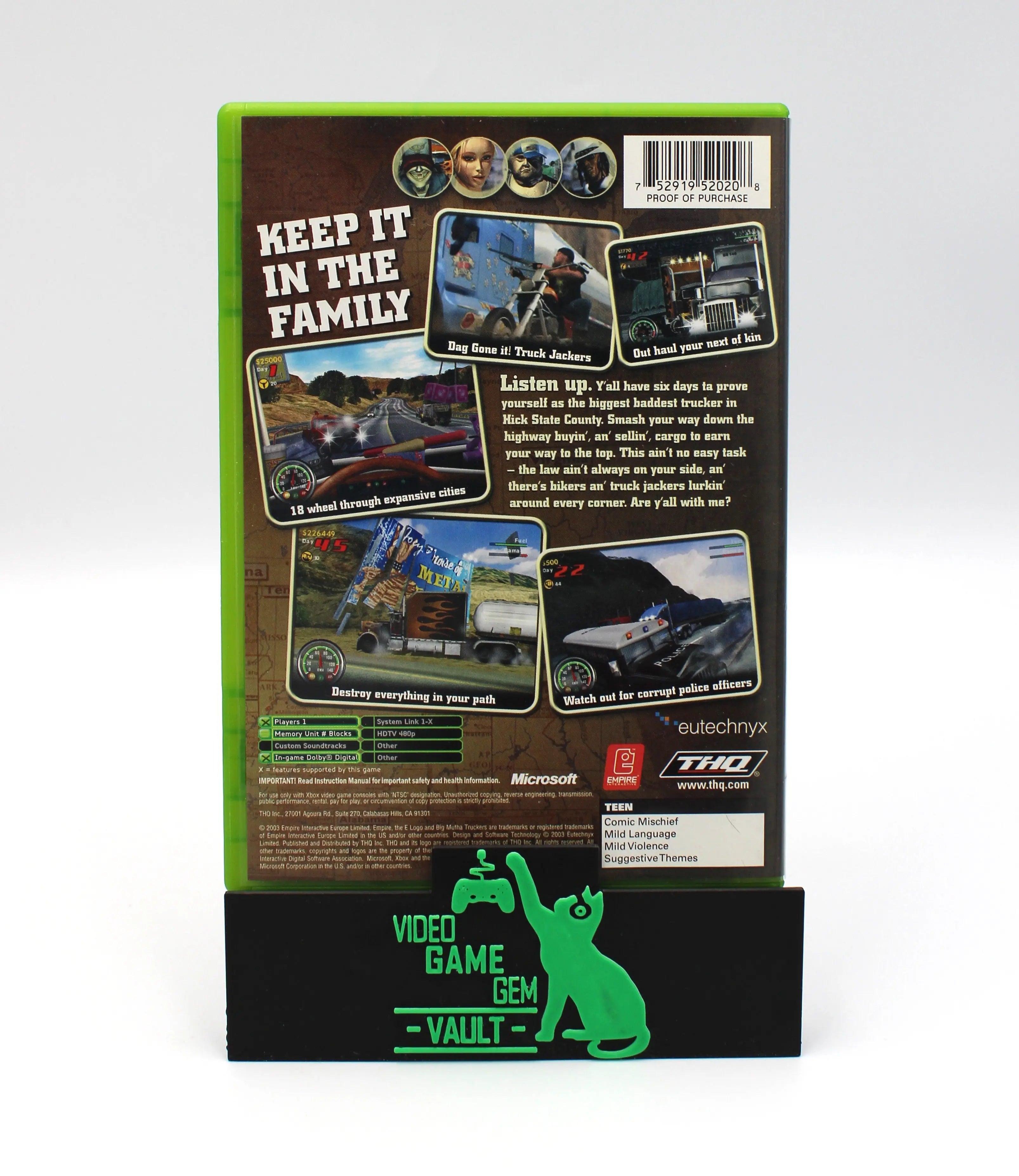 Back cover of Big Mutha Truckers for Microsoft Xbox Original NTSC-U game case, displaying game description, screenshots, and barcode.