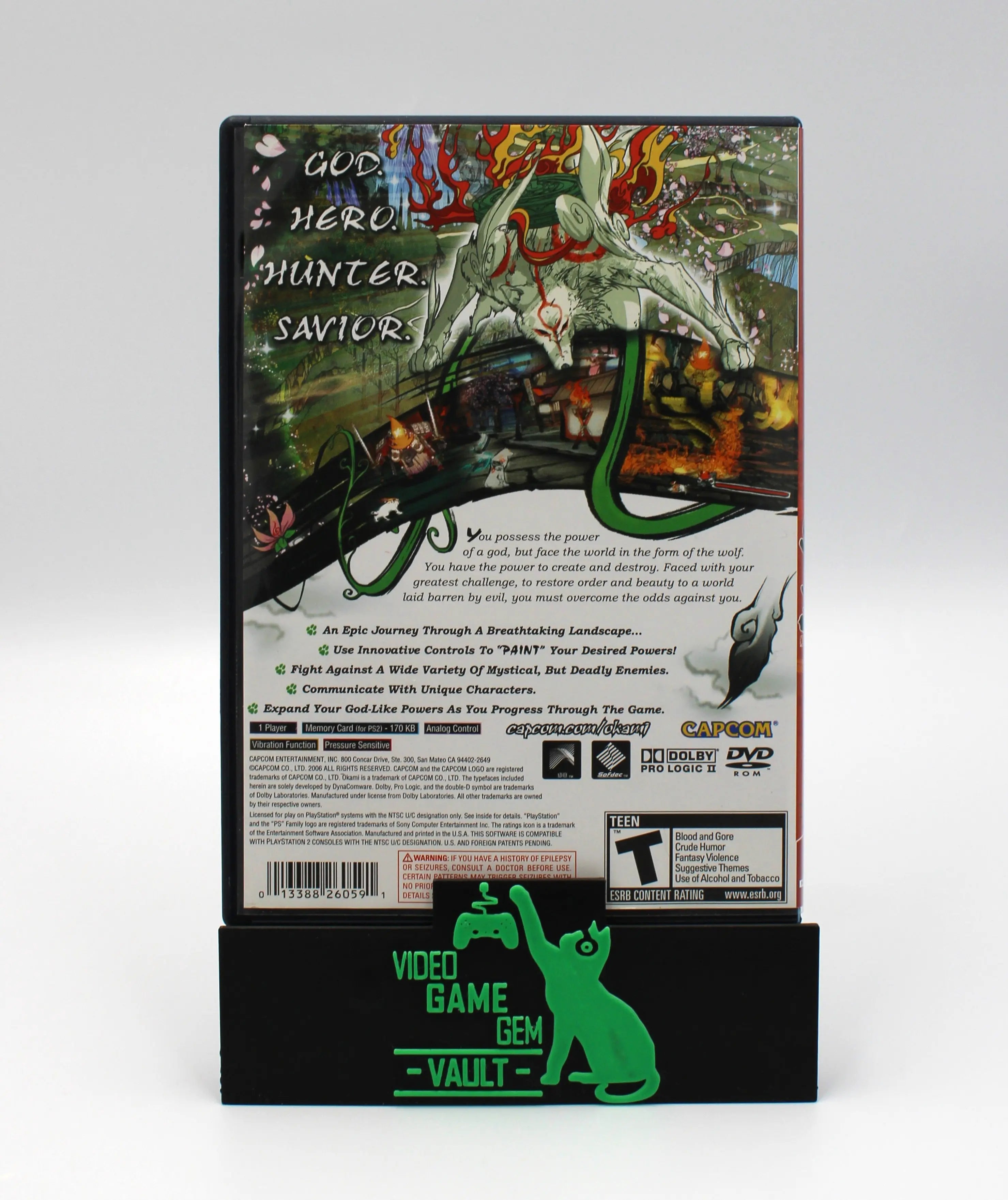 Back cover image of Okami for Sony PlayStation 2 PS2 (2006), Greatest Hits NTSC-U edition.