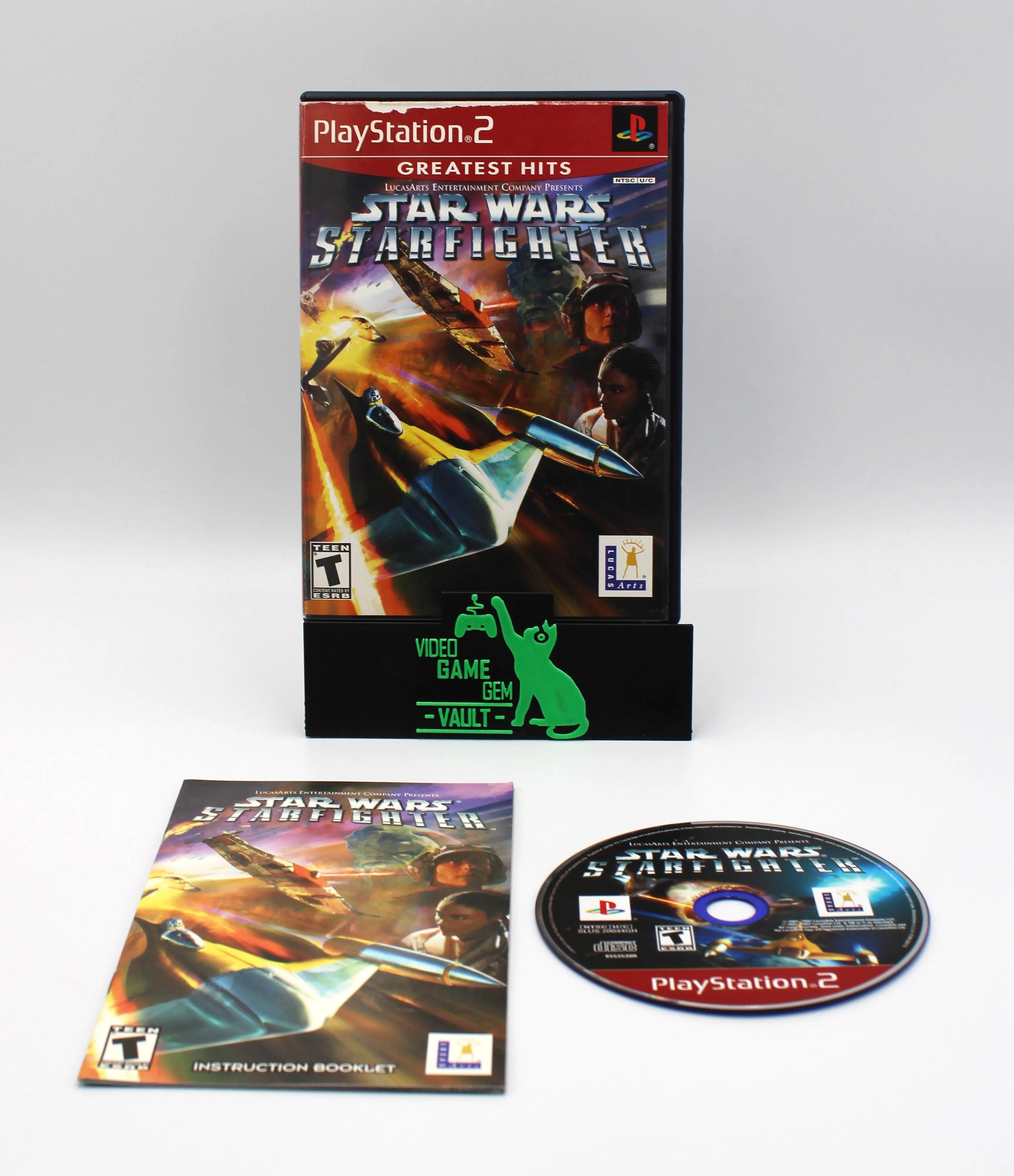 For sale is Star Wars Starfighter for Sony PlayStation 2, PS2. 2002 release. Greatest Hits GH CIB + Manual & Reg Card! See picture of case, front cover, manual, and authentic game disc.