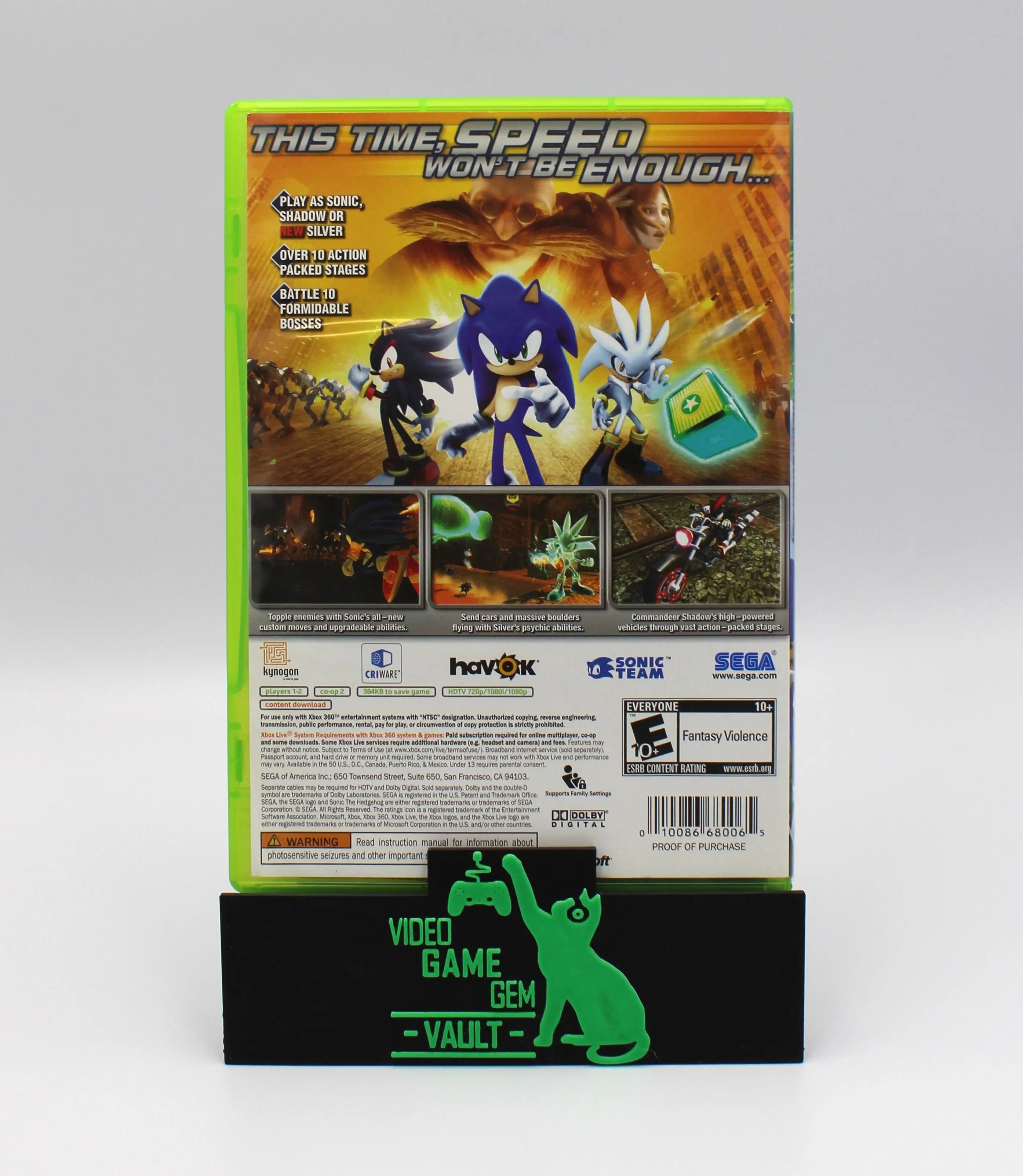Back cover of Sonic the Hedgehog Black Label for Microsoft Xbox 360 NTSC-U game case, displaying game description, features, and screenshots.