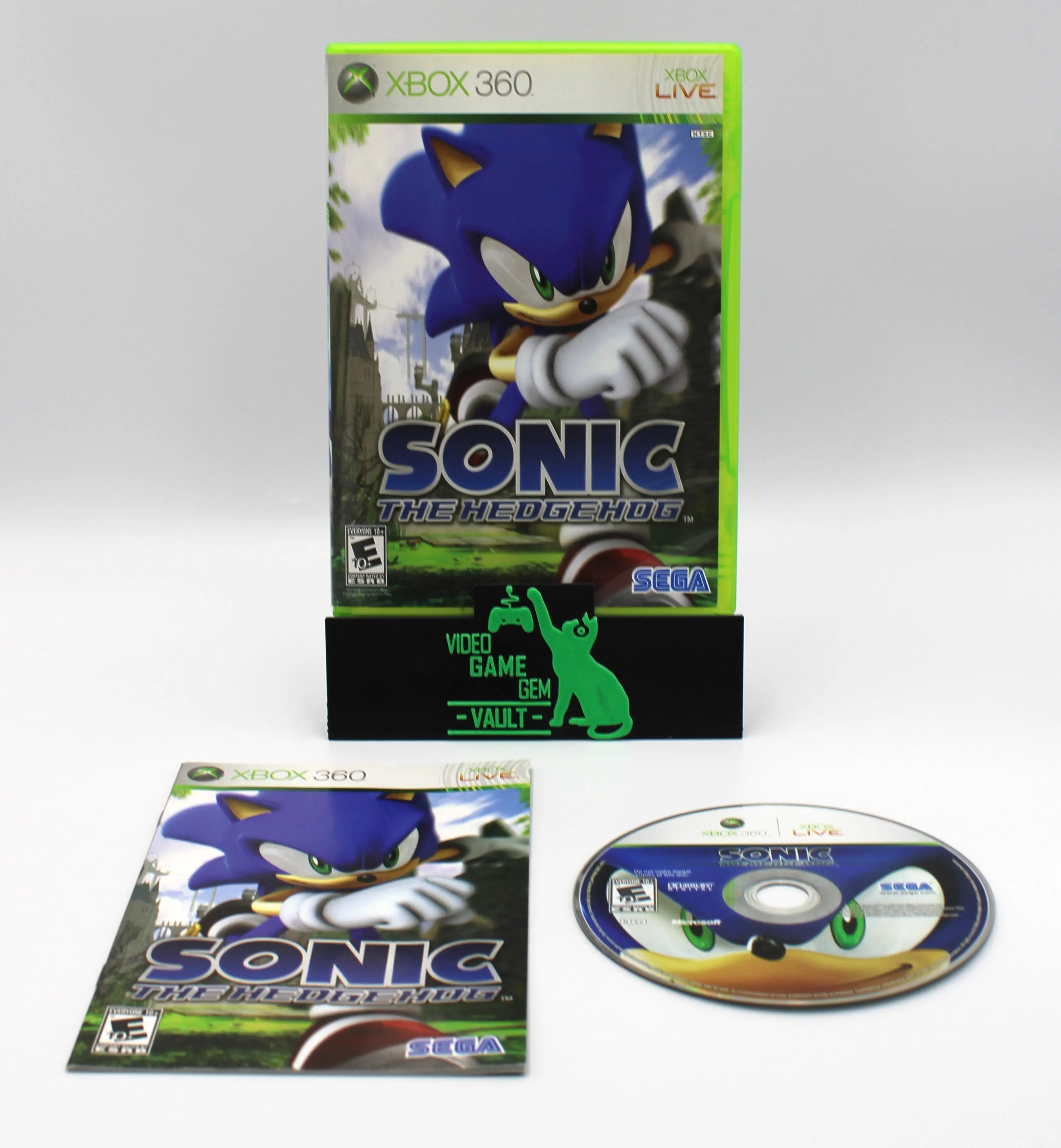 Main display of Sonic the Hedgehog Black Label for Microsoft Xbox 360 NTSC-U, showing complete game set with case, manual, and game disc.