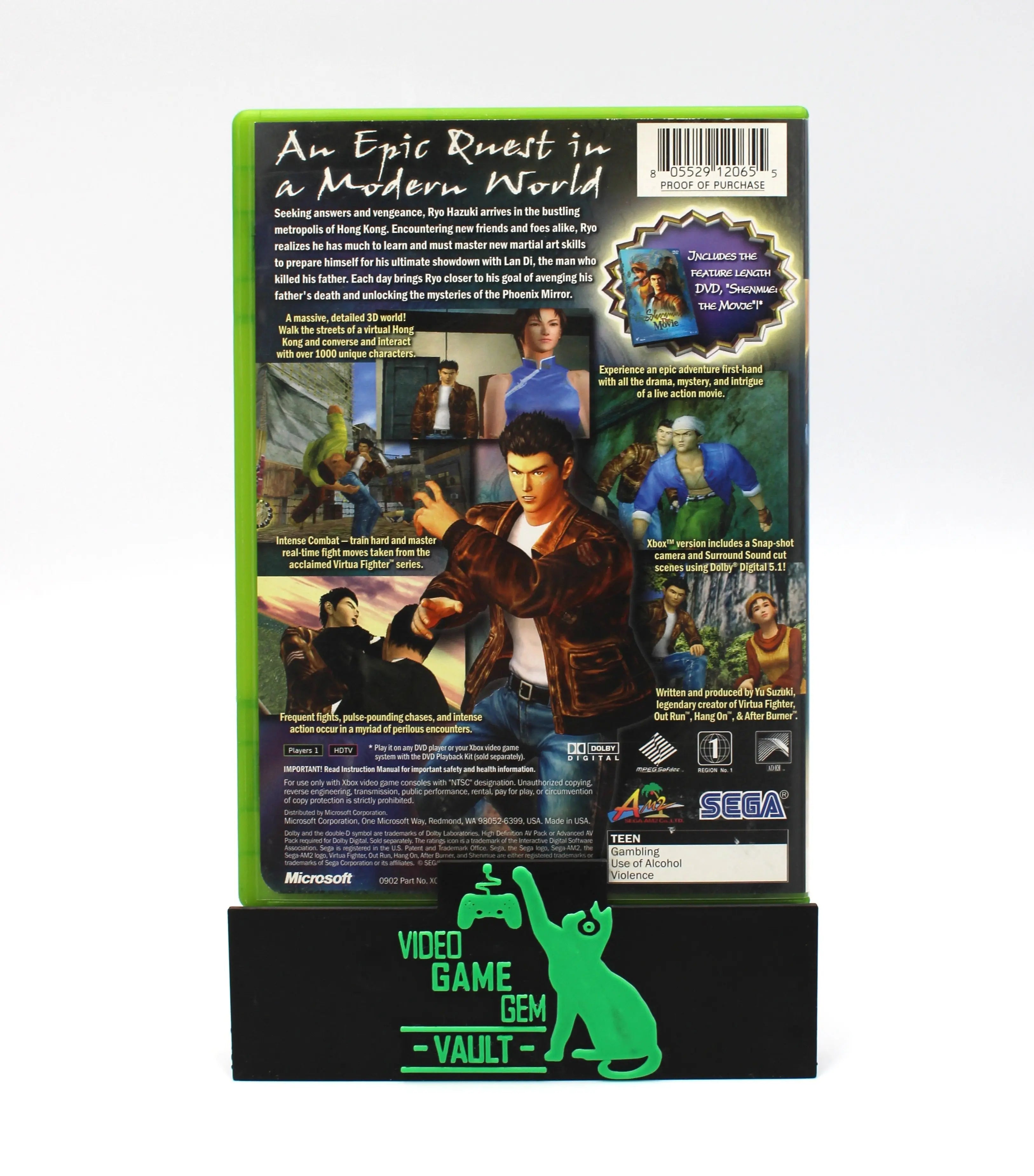 Back cover of Shenmue II for Microsoft Xbox Original NTSC-U game case, displaying game description, screenshots, and barcode.