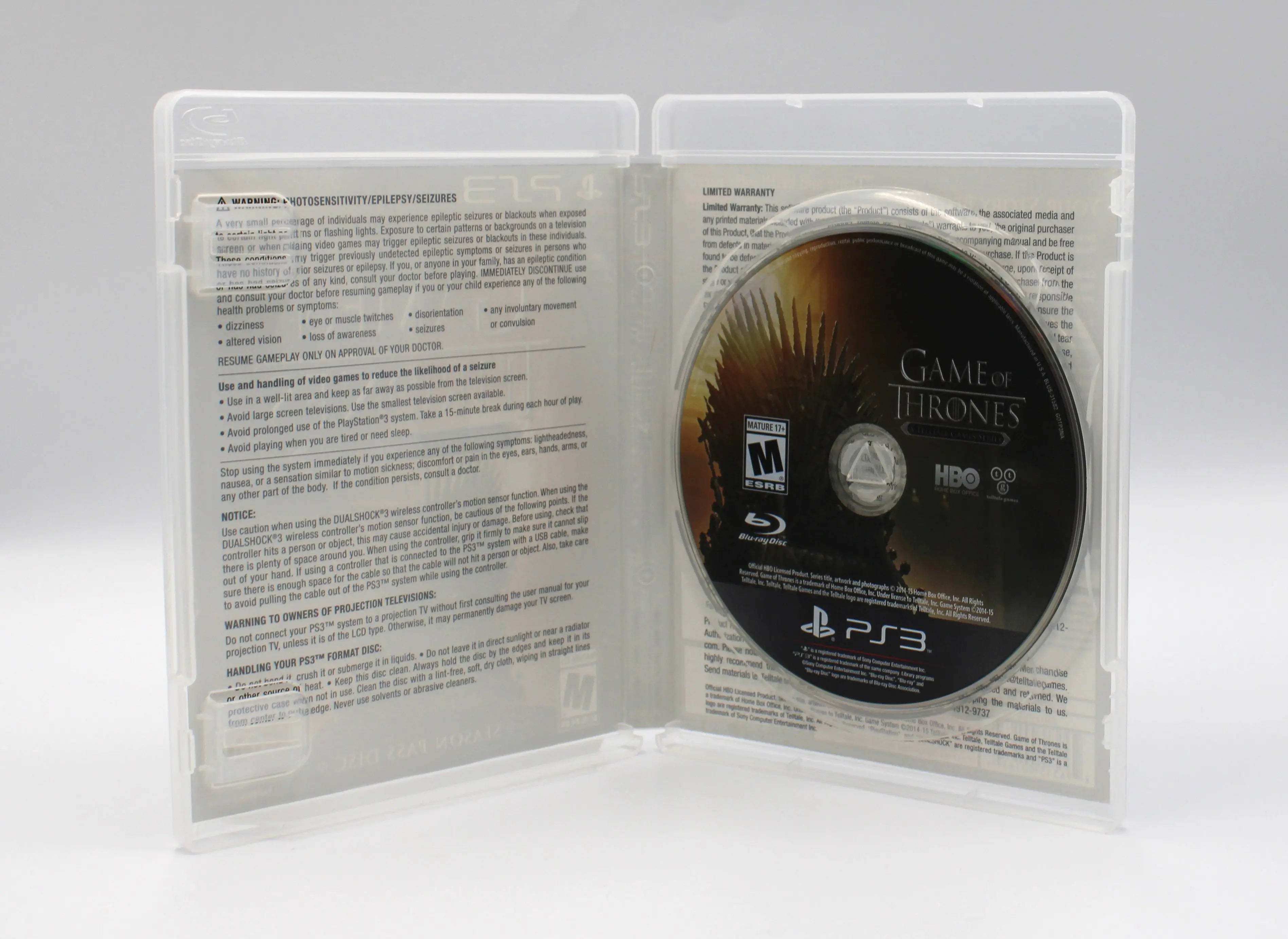 Opened case view of NTSC-U Game of Thrones: A Telltale Games Series for Sony PlayStation 3 PS3 – Season Pass Disc (2015). See  authentic game disc and OEM case with interior artwork instructions text.