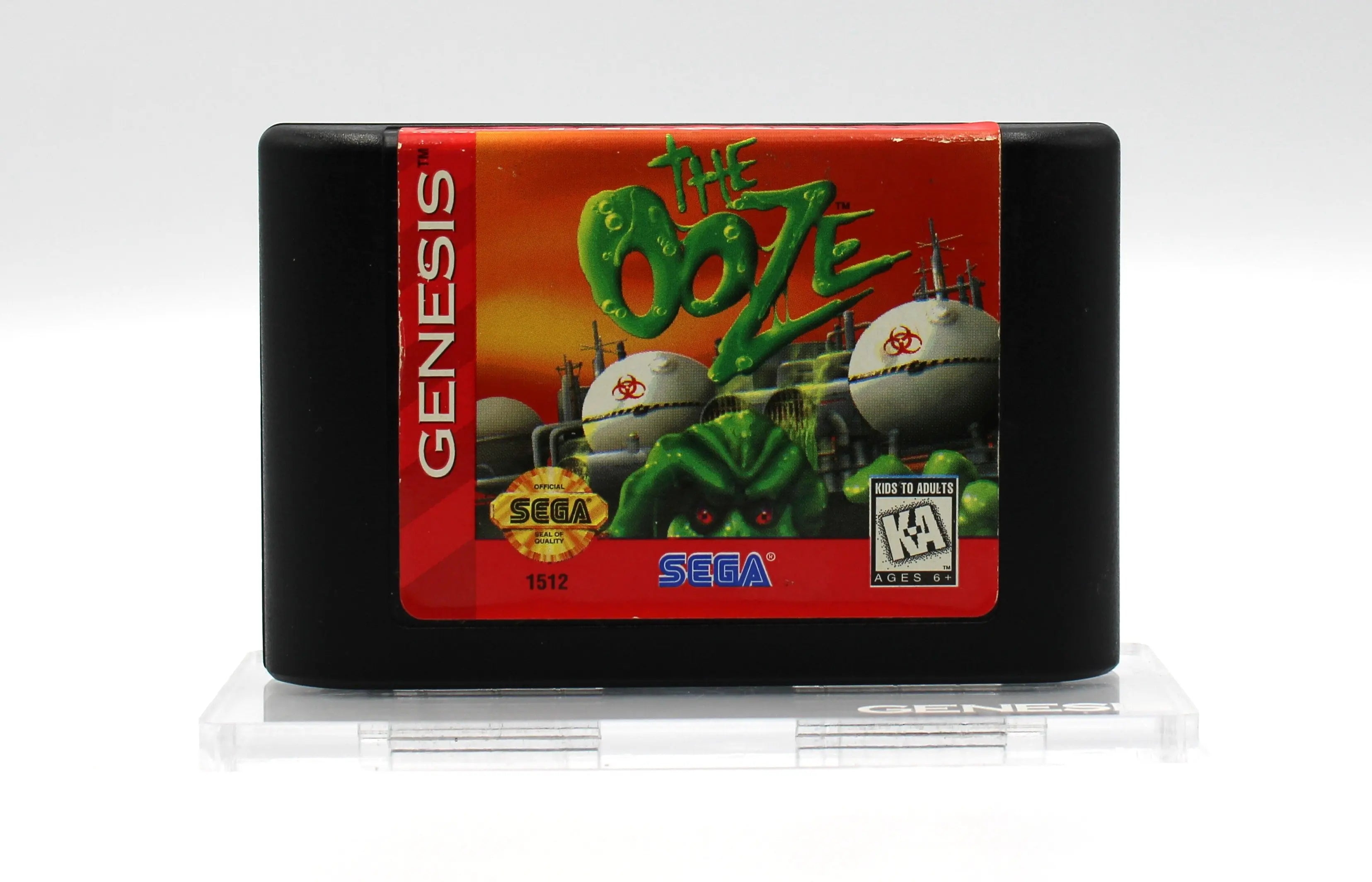Front of cartridge label view of The Ooze for Sega Genesis. 1995. NTSC-U Authentic Video Game Cartridge See picture of authentic cartridge front label with title text, KA rating, Sega seal.