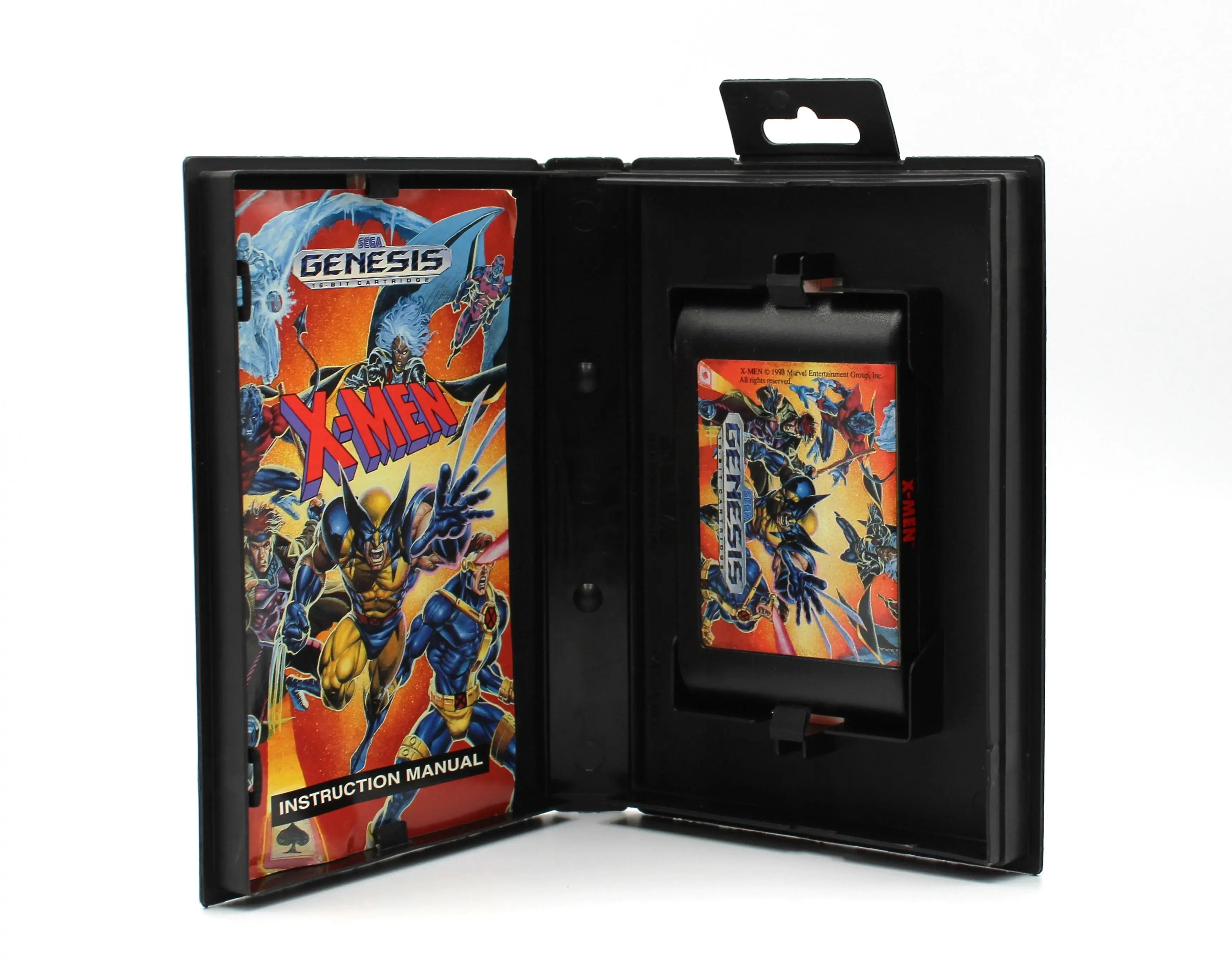 For sale online at video gamegemvailt.com is a refurbished copy of X-Men on Sega Genesis with case, artwork, and manual. See case with hangtab, manual, and game cartridge.