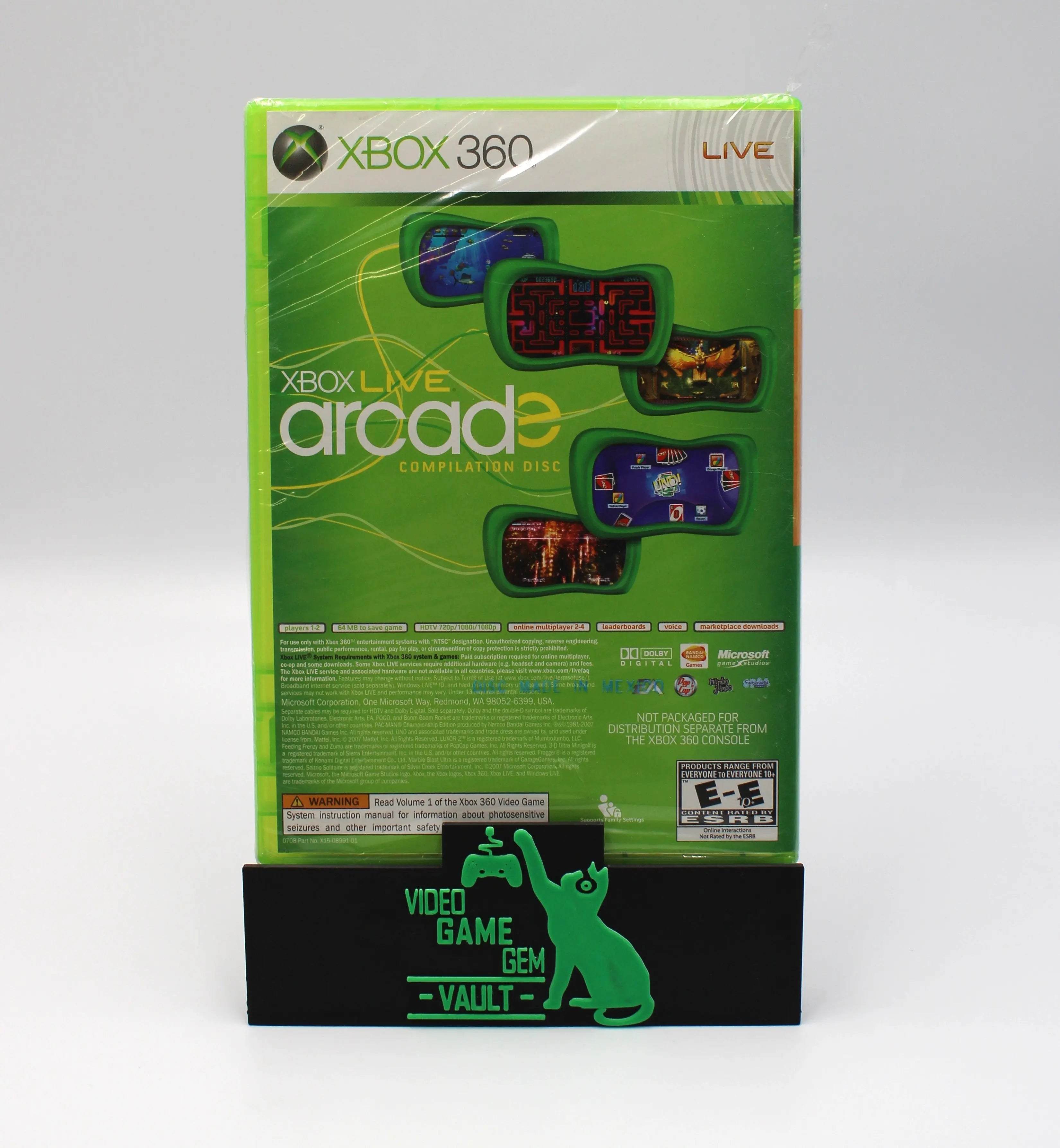 Back cover of Sega Superstars Tennis & Arcade Compilation for Microsoft Xbox 360 NTSC-U sealed game case, displaying Xbox Live Arcade, features, and factory sealed wrap.