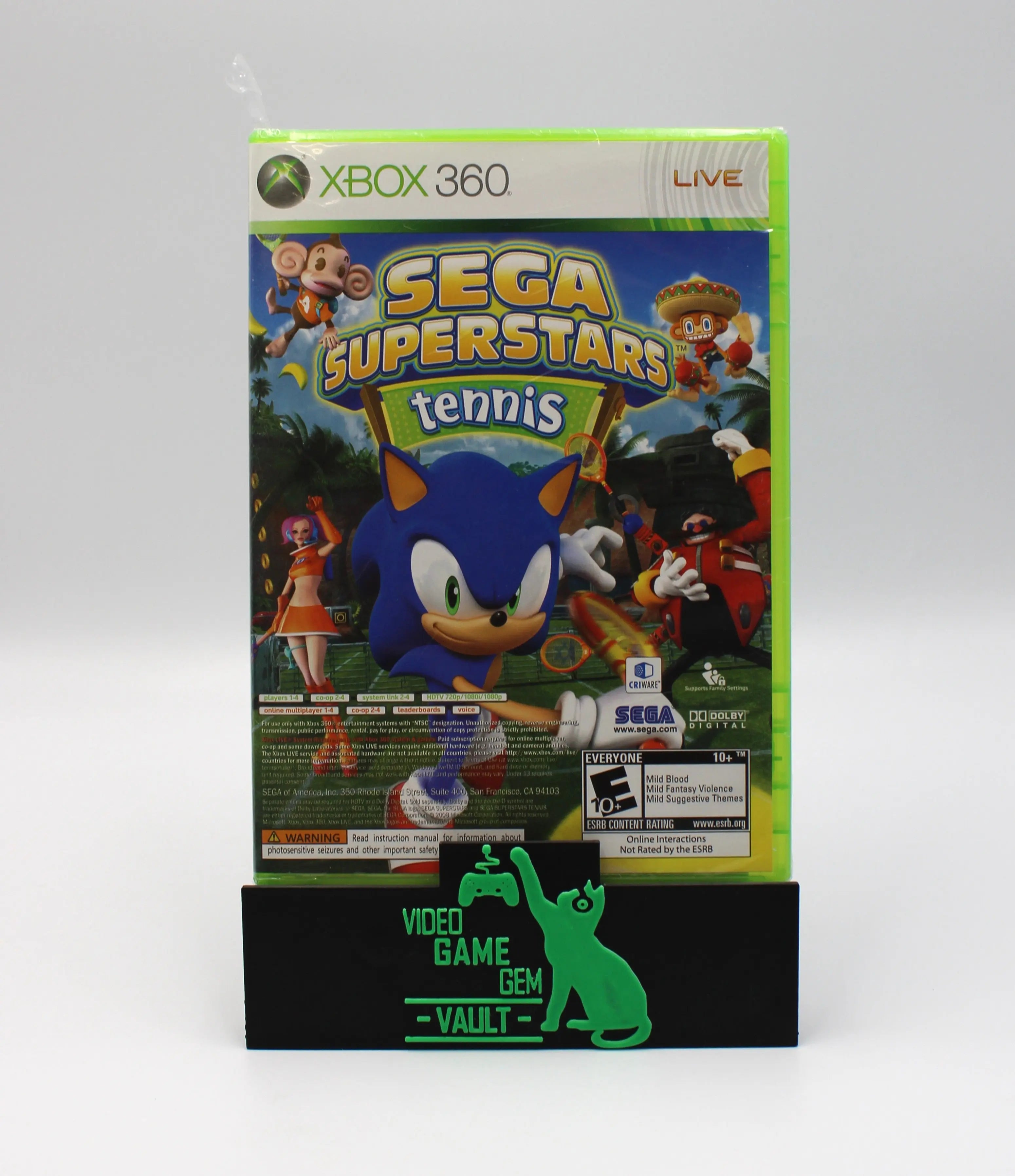 Front cover of Sega Superstars Tennis & Arcade Compilation for Microsoft Xbox 360 NTSC-U sealed game case, showing authentic artwork, title, ESRB E10+, and authentic factory seal.