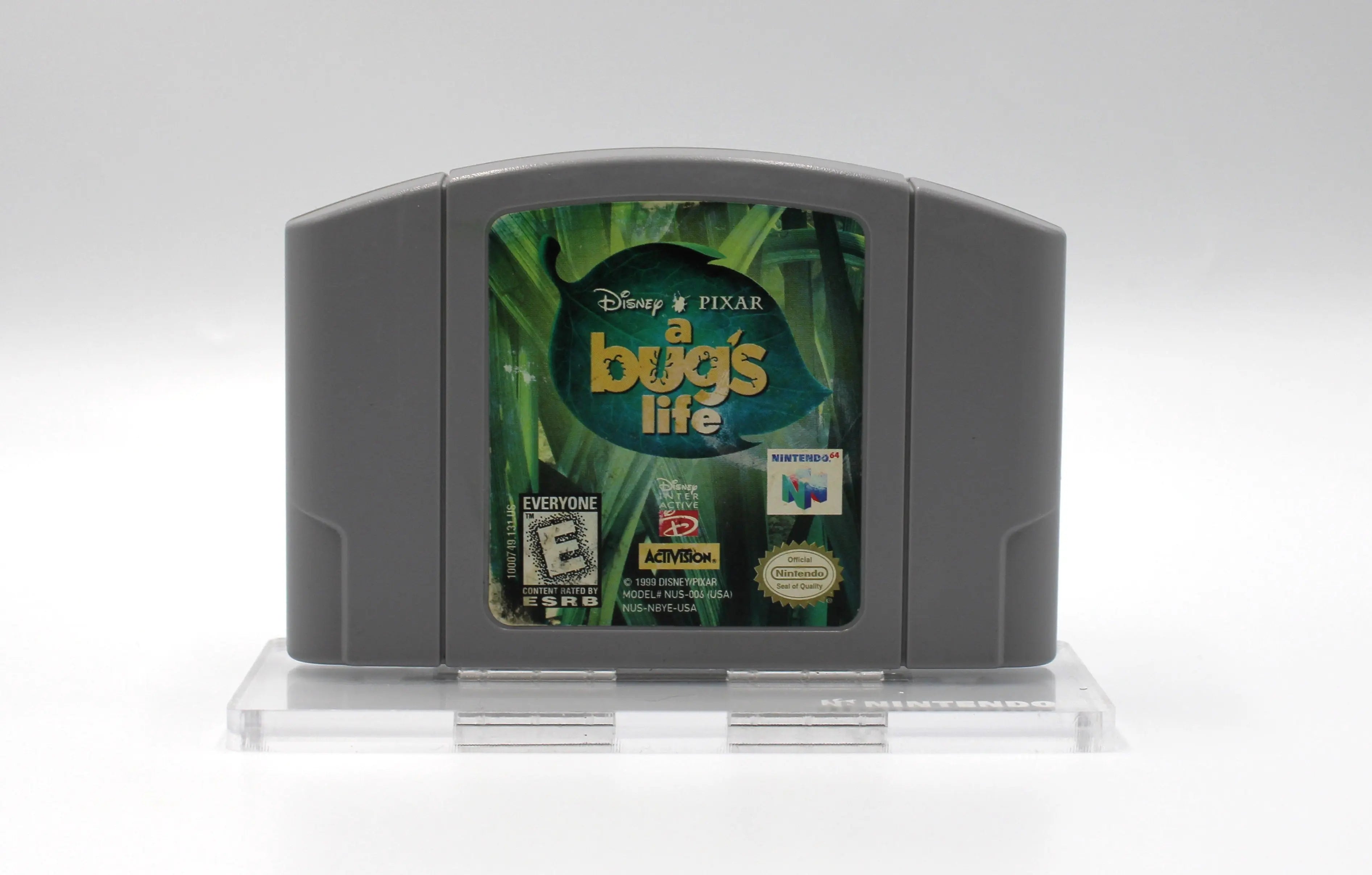 Front label view of NTSC-U copy of Disney's A Bug's Life for Nintendo 64, N64. Released in 1999. See fading to front label of cartridge.