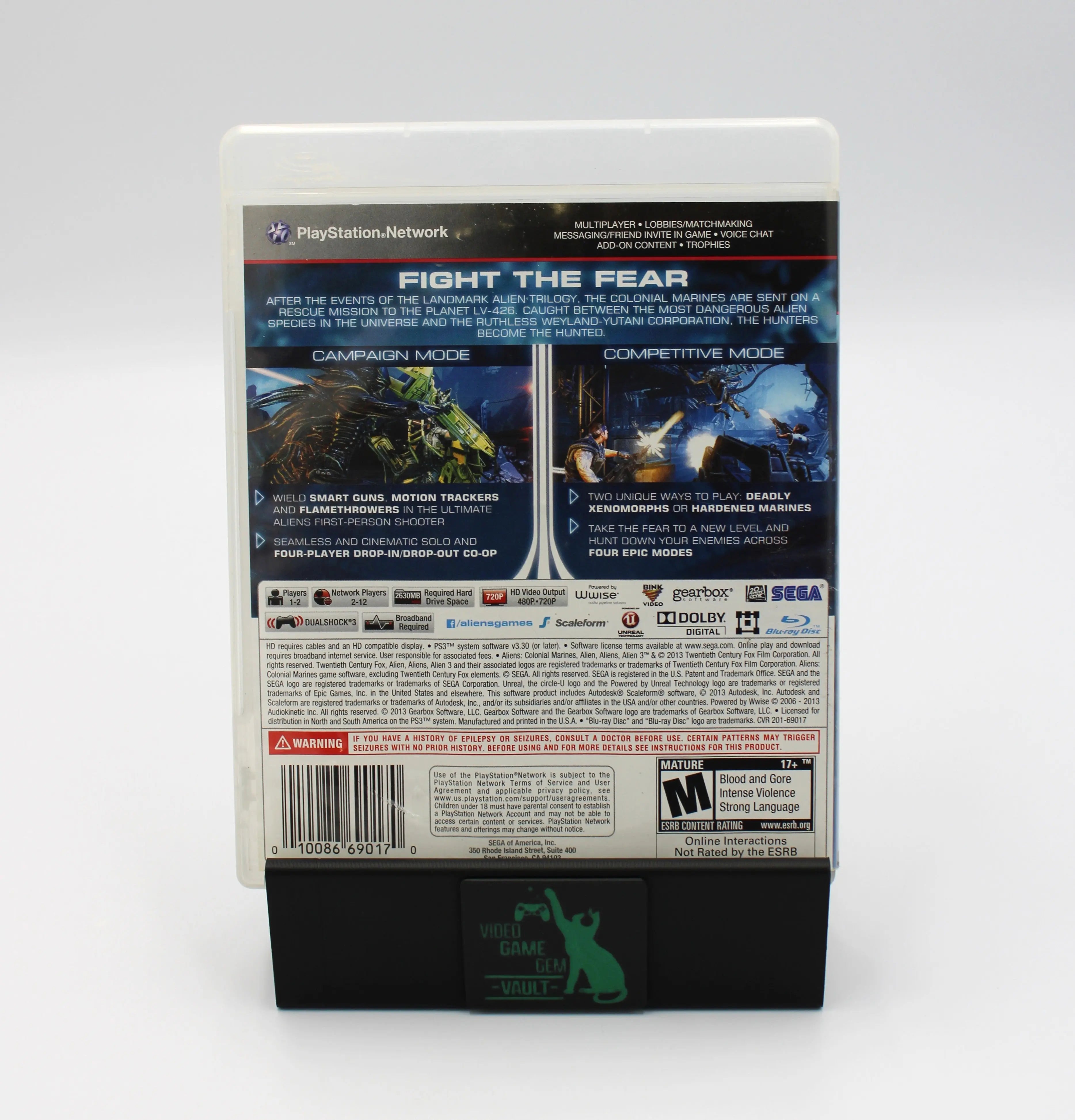 Back cover of Aliens: Colonial Marines for Sony PlayStation 3 PS3 – CIB with manual (2013) NTSC‑U, displaying synopsis text, gameplay screenshots, system requirements, and ESRB rating badge.