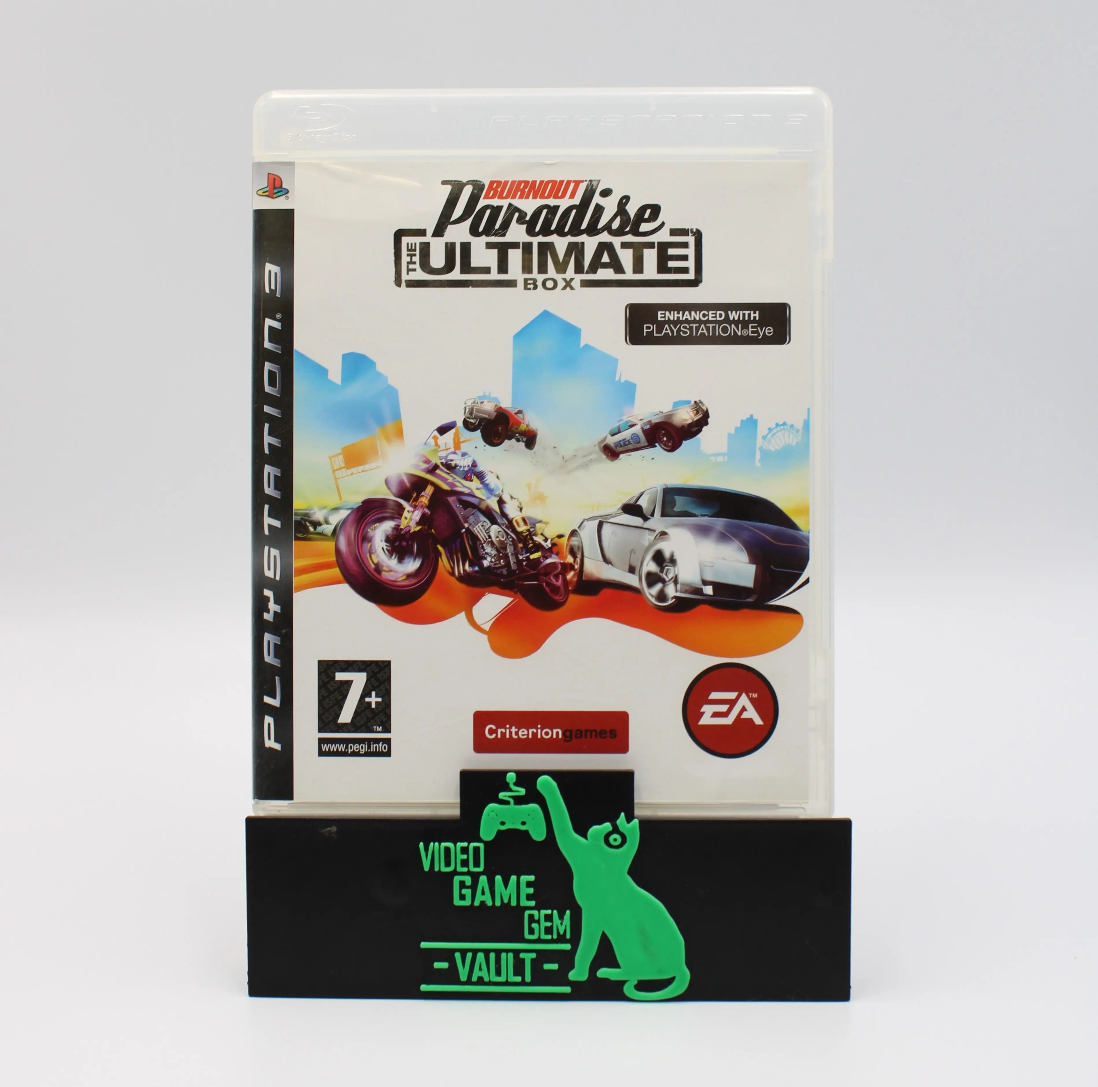 Front cover of Burnout Paradise: The Ultimate Box for PS3 PAL [Region Free], showing high-speed crash artwork and game title.