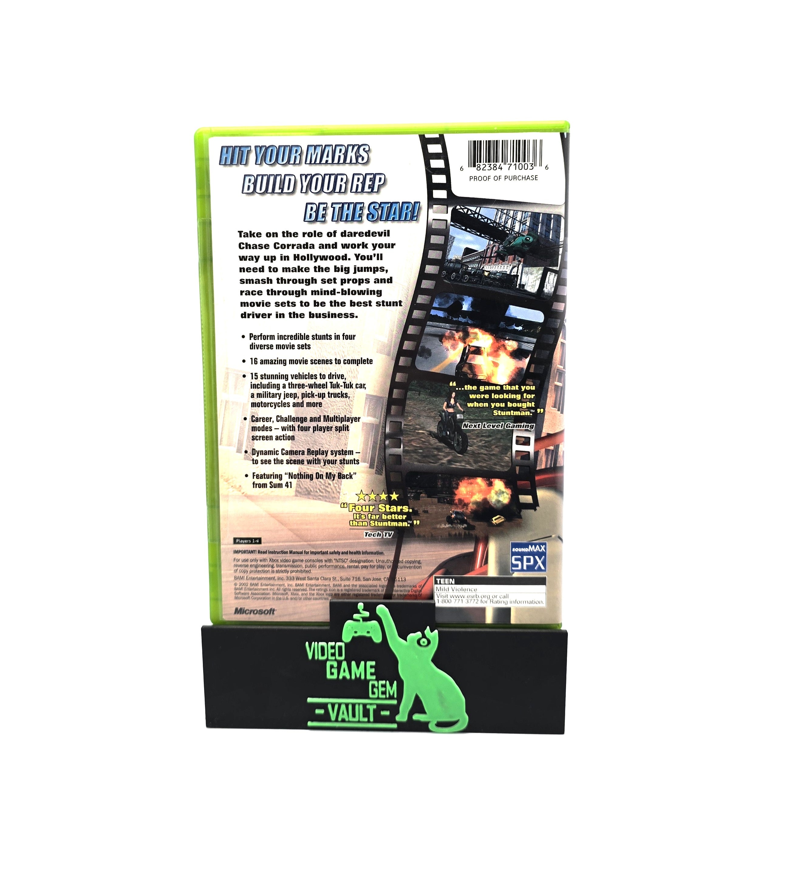 Back view of Chase Hollywood Stunt Driver video game cover for the OG Xbox. Shows authetic back of case game artwork and clean case on a white background.