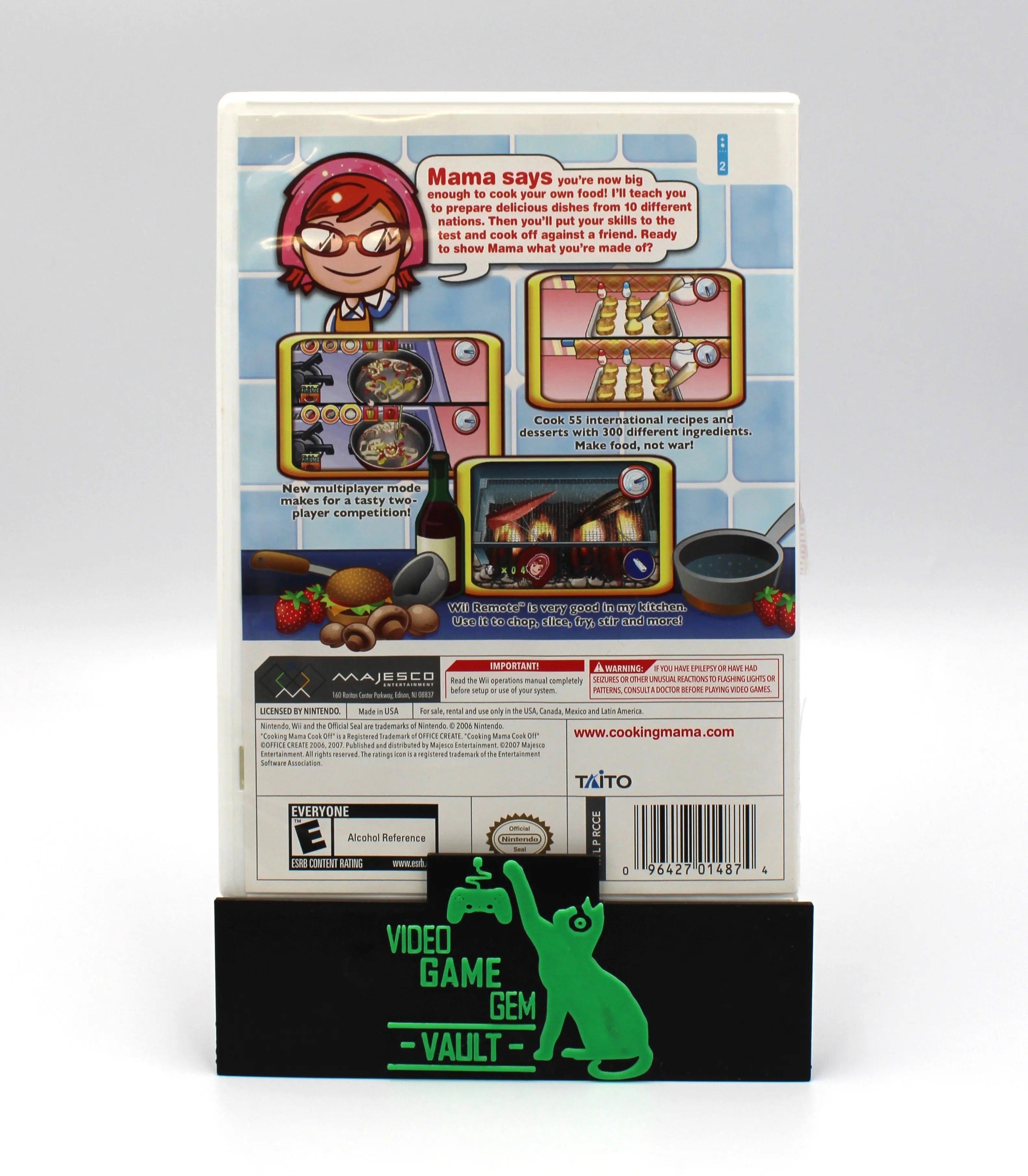 Back cover of Cooking Mama: Cook Off for Nintendo Wii – CIB NTSC-U (2007), showing game description, screenshots, and official Nintendo branding.