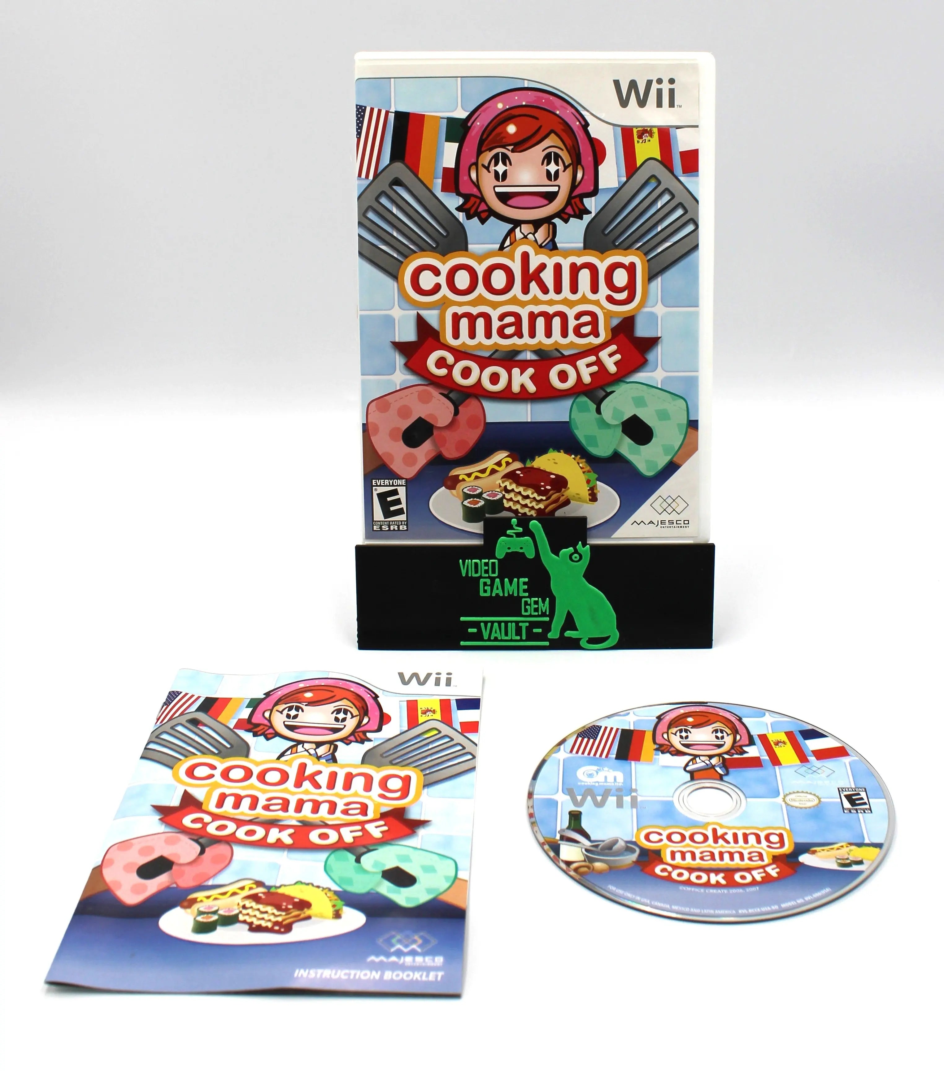 Main display of Cooking Mama: Cook Off for Nintendo Wii – CIB NTSC-U (2007). Includes original case, manual, and disc, all cleaned and verified authentic. Highlighting title text, ESRB - E for Everyone Rating, and colorful OEM artwork.