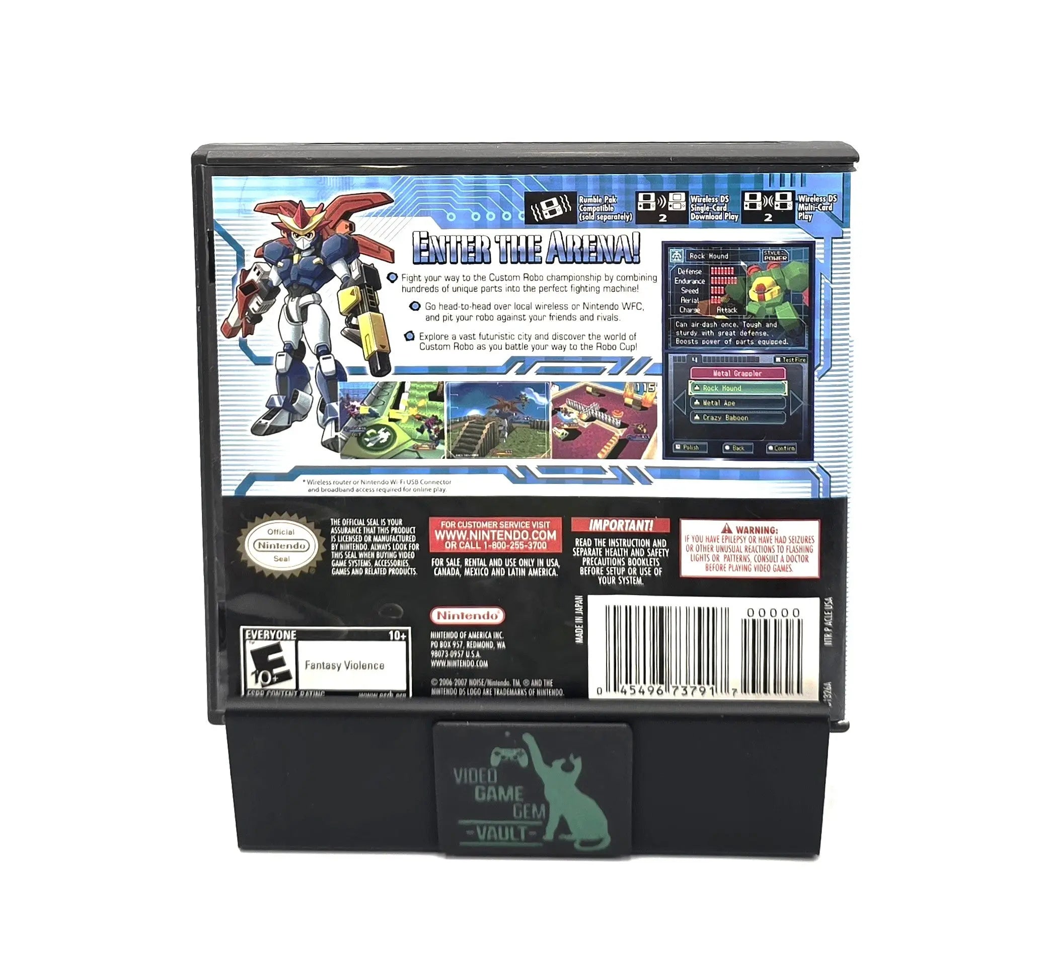 Back cover of Custom Robo Arena for Nintendo DS – Complete in Box (2007) NTSC-U, showing gameplay screenshots, features, and description text.