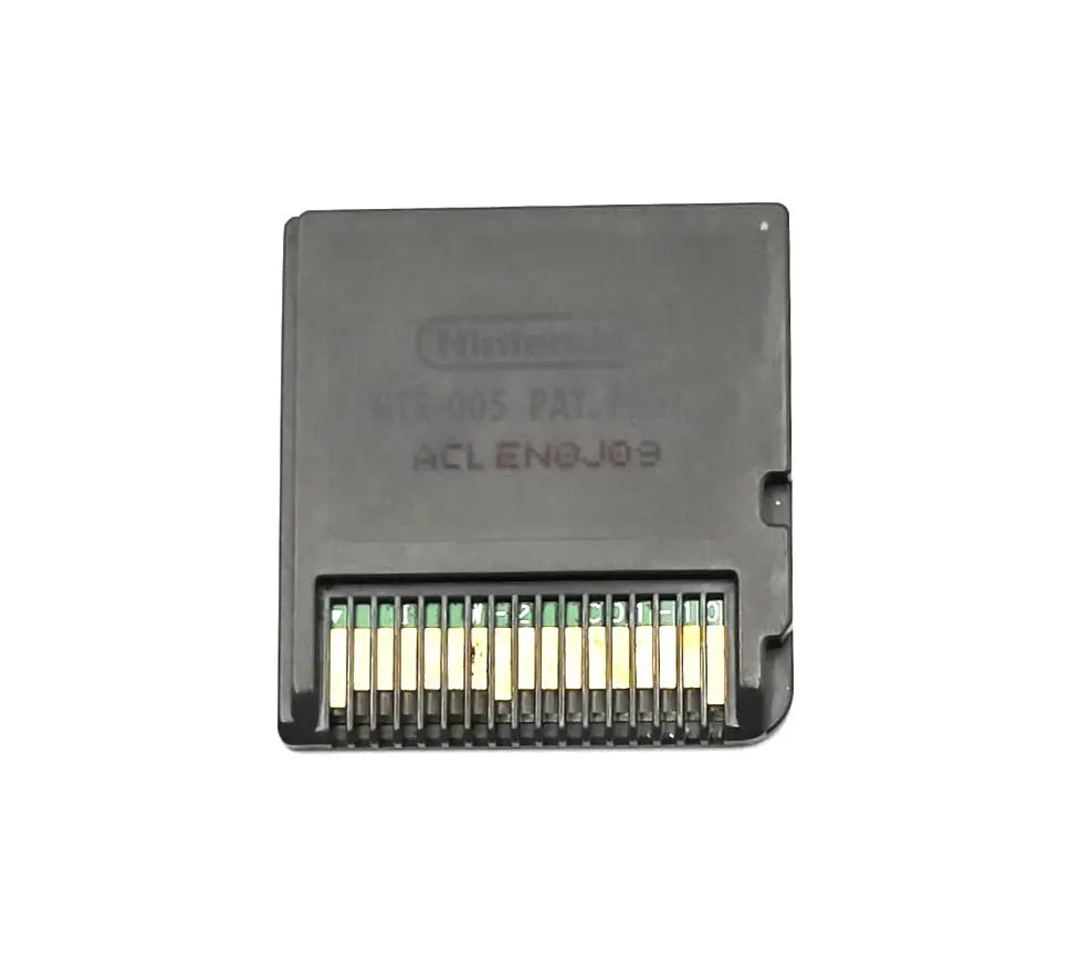 Back side of authentic Nintendo DS cartridge for Custom Robo Arena (2007) NTSC-U, showing pins and code “ACLENOJ09.”