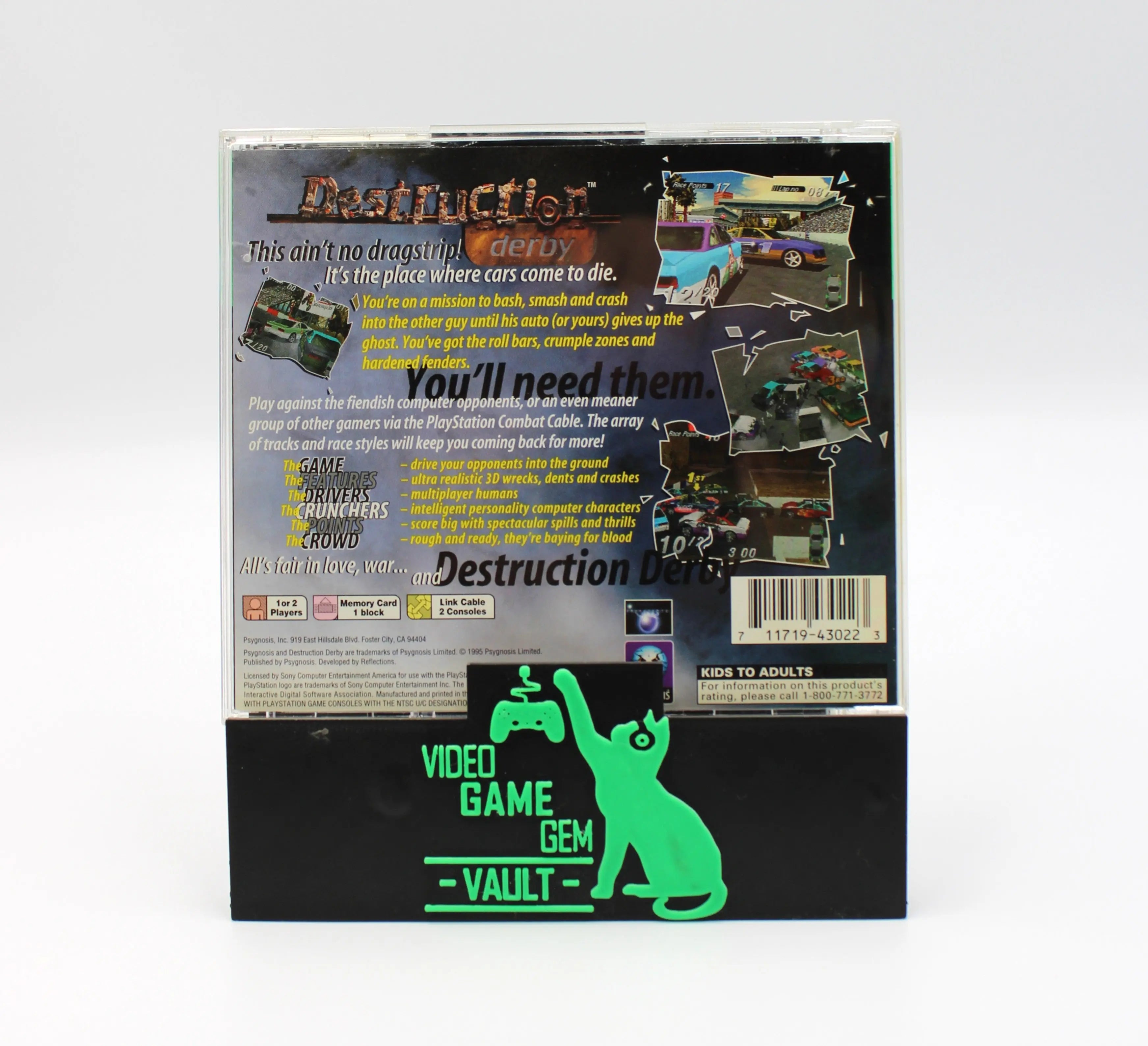 Back cover of Destruction Derby for Sony PlayStation 1 PS1 NTSC-U Greatest Hits Edition game case, displaying game description, features, and screenshots.