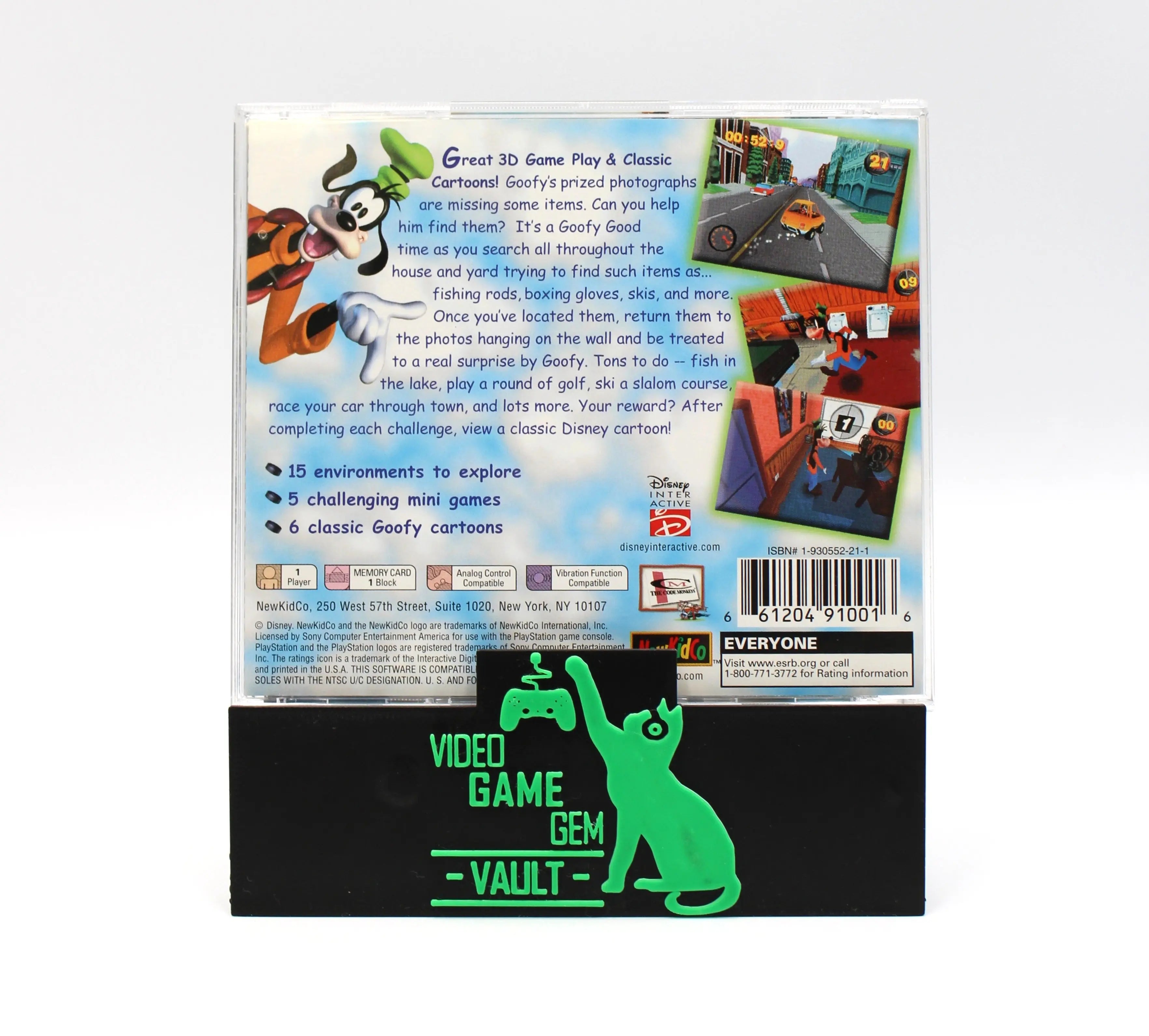 Back cover of the case for Disney’s Goofy’s Fun House for Sony PlayStation 1 PS1 – CIB with Reg Card (2001) NTSC‑U, showing game description, screenshots, and system requirements.
