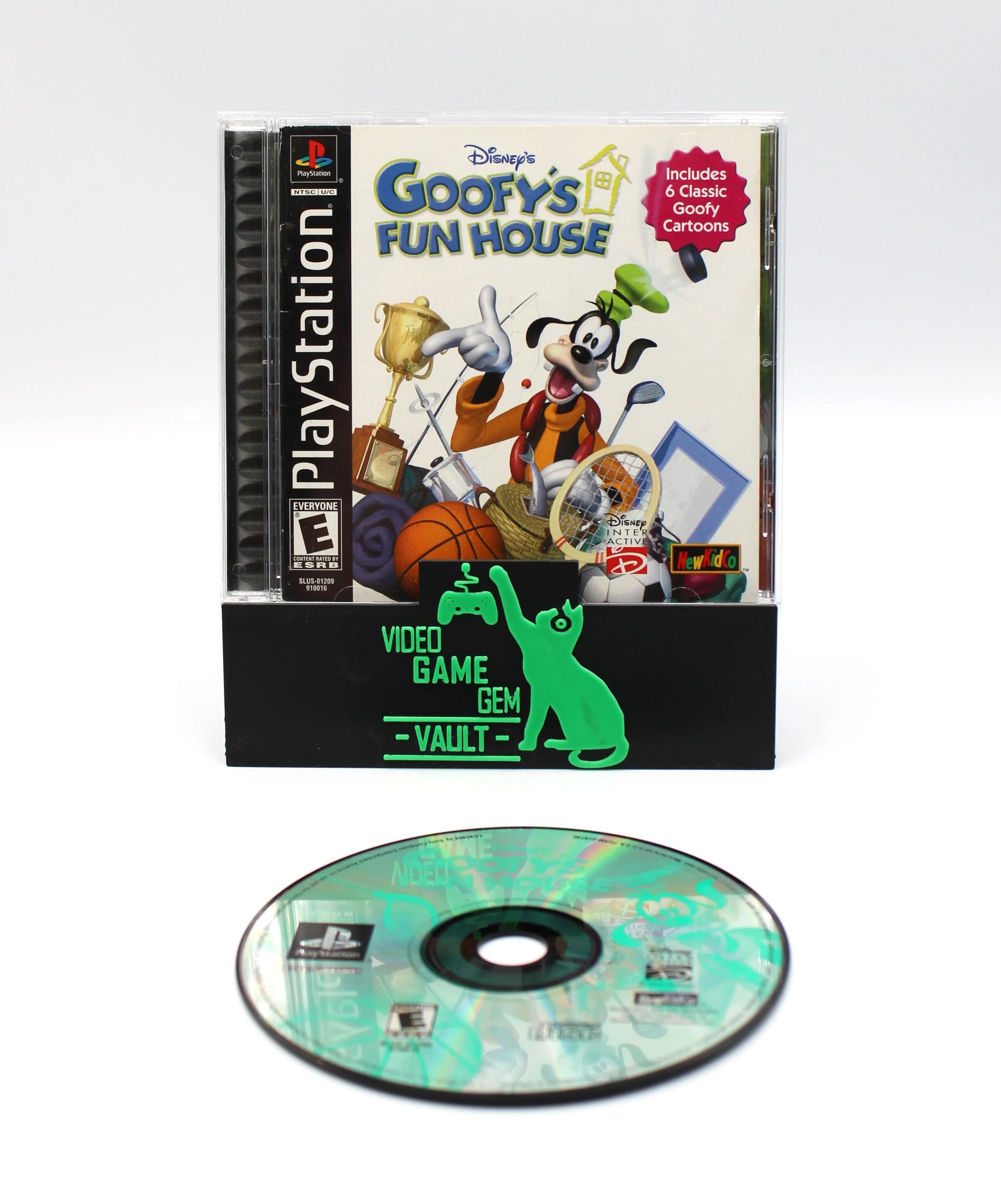 Main display of Disney’s Goofy’s Fun House for Sony PlayStation 1 PS1 – CIB with Reg Card (2001) NTSC‑U, showing case front and back, game disc, manual, and registration card.