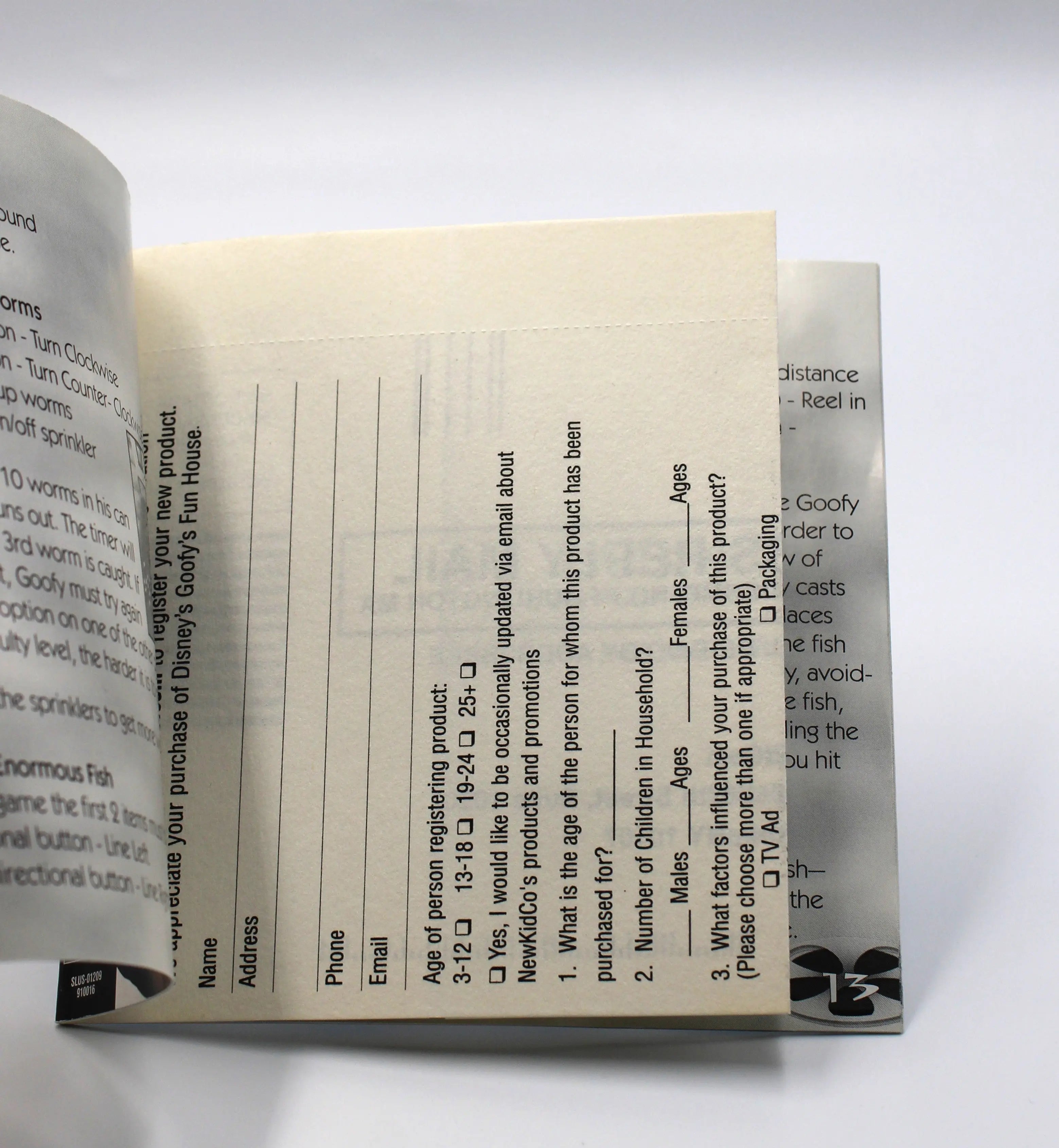 Front of registration card for Disney’s Goofy’s Fun House CIB for Sony PlayStation 1 PS1 (2001) NTSC‑U, showing game logo, Goofy artwork, and fill‑in fields.