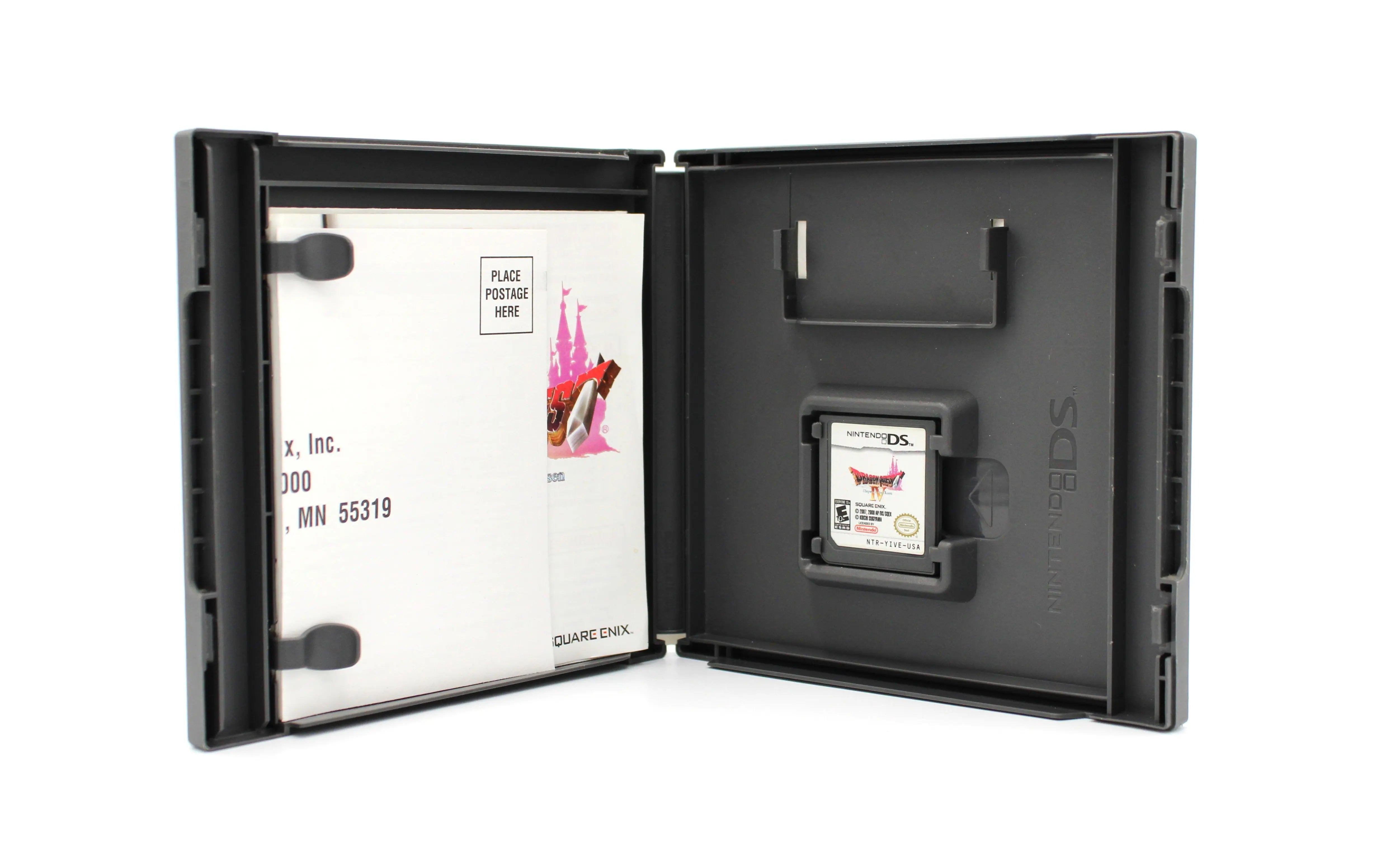 Inside of Dragon Quest IV: Chapters of the Chosen for Nintendo DS – NTSC‑U CIB with Inserts (2008), revealing the combined instruction manual/health & safety booklet, registration card, and cartridge.