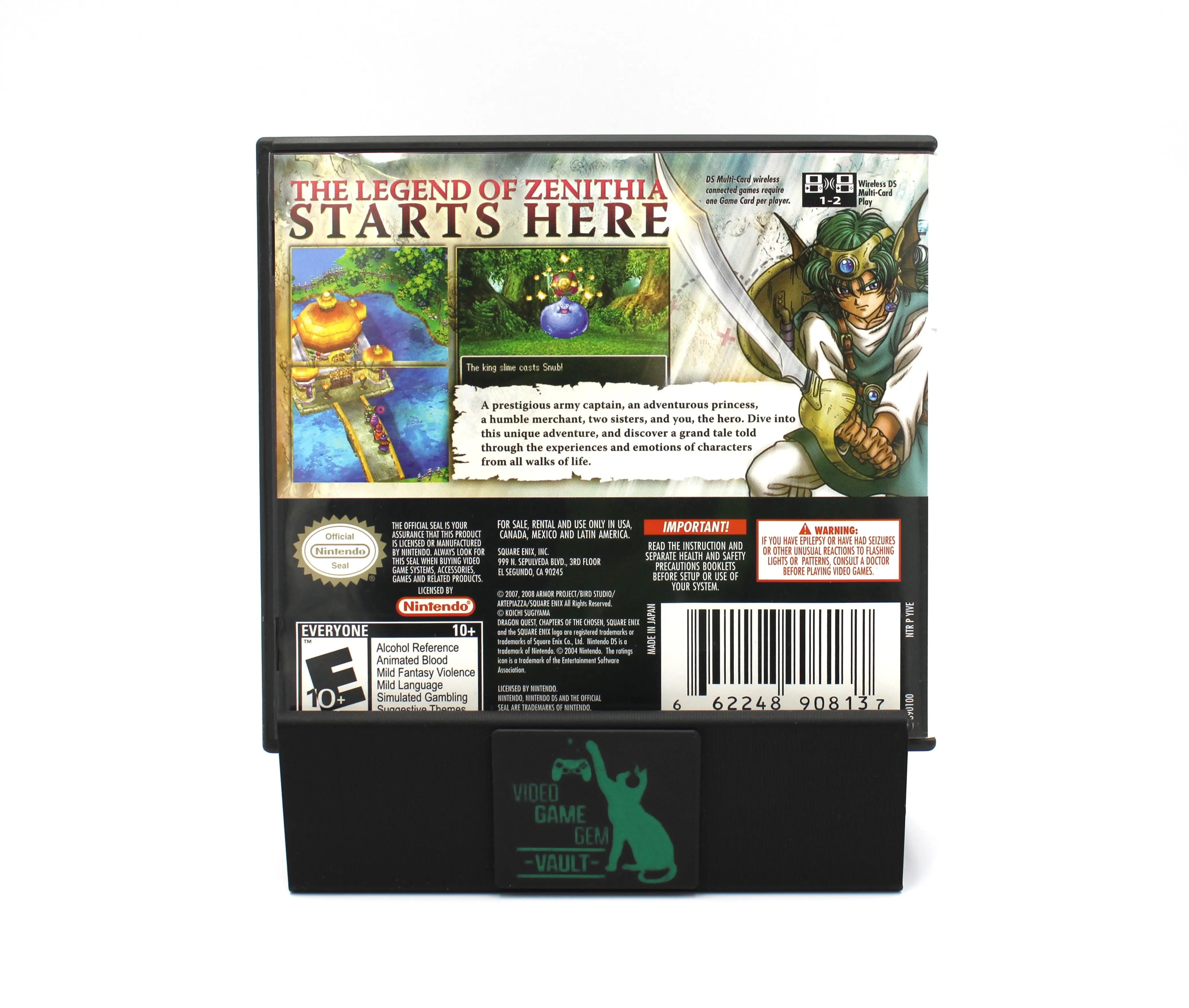 Back cover of Dragon Quest IV: Chapters of the Chosen for Nintendo DS – NTSC‑U CIB with Inserts (2008), with game synopsis, multiple in‑game screenshots, and ESRB rating box.