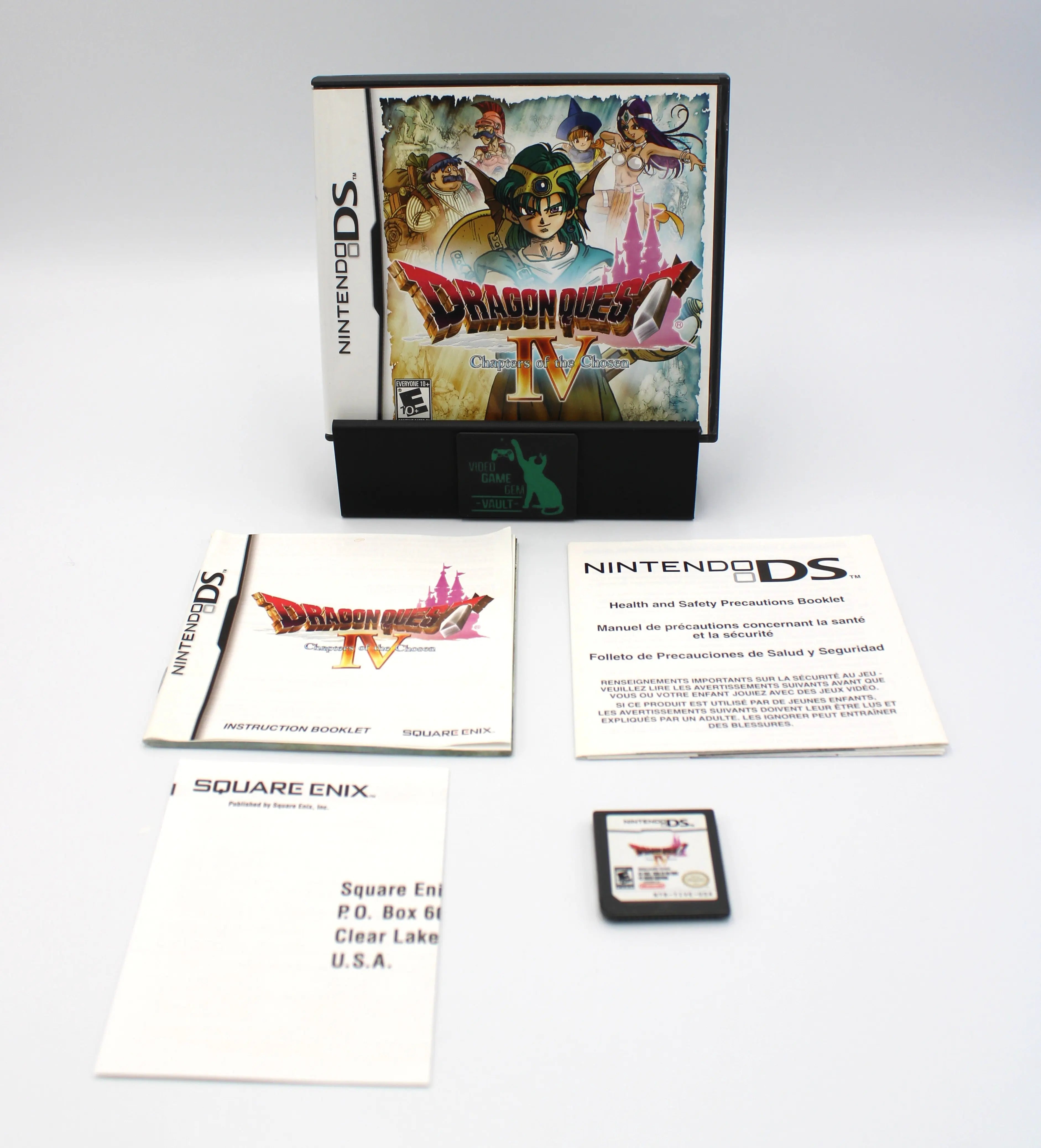Main display of Dragon Quest IV: Chapters of the Chosen for Nintendo DS – CIB with Inserts (2008), showing the game case, instruction manual, health & safety booklet, registration card, and cartridge arranged on a white background.