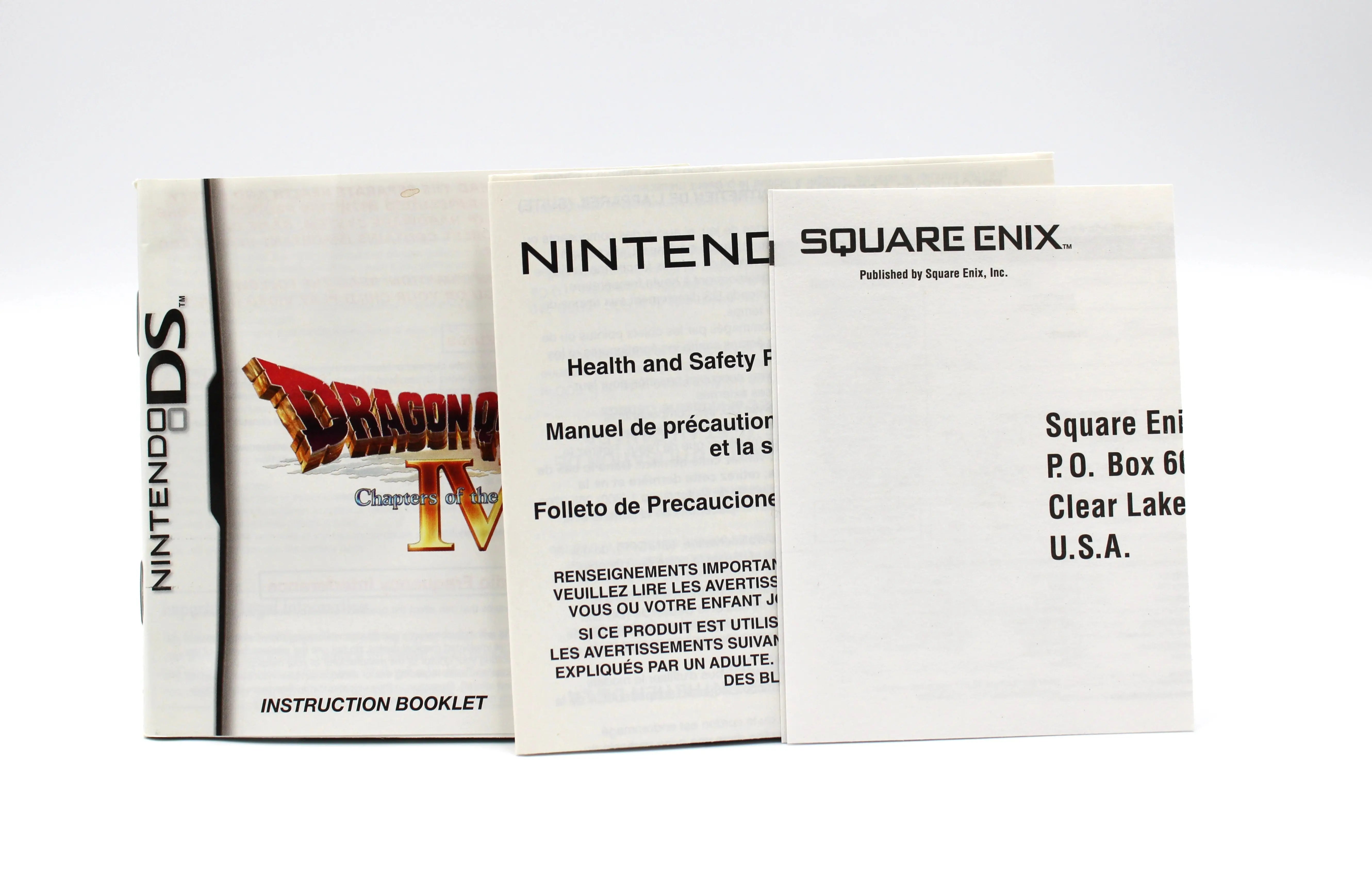 Instruction manual and health & safety precautions booklet together for Dragon Quest IV: Chapters of the Chosen for Nintendo DS – NTSC‑U (2008), showing controls diagram, story overview, safety icons, and warning text.