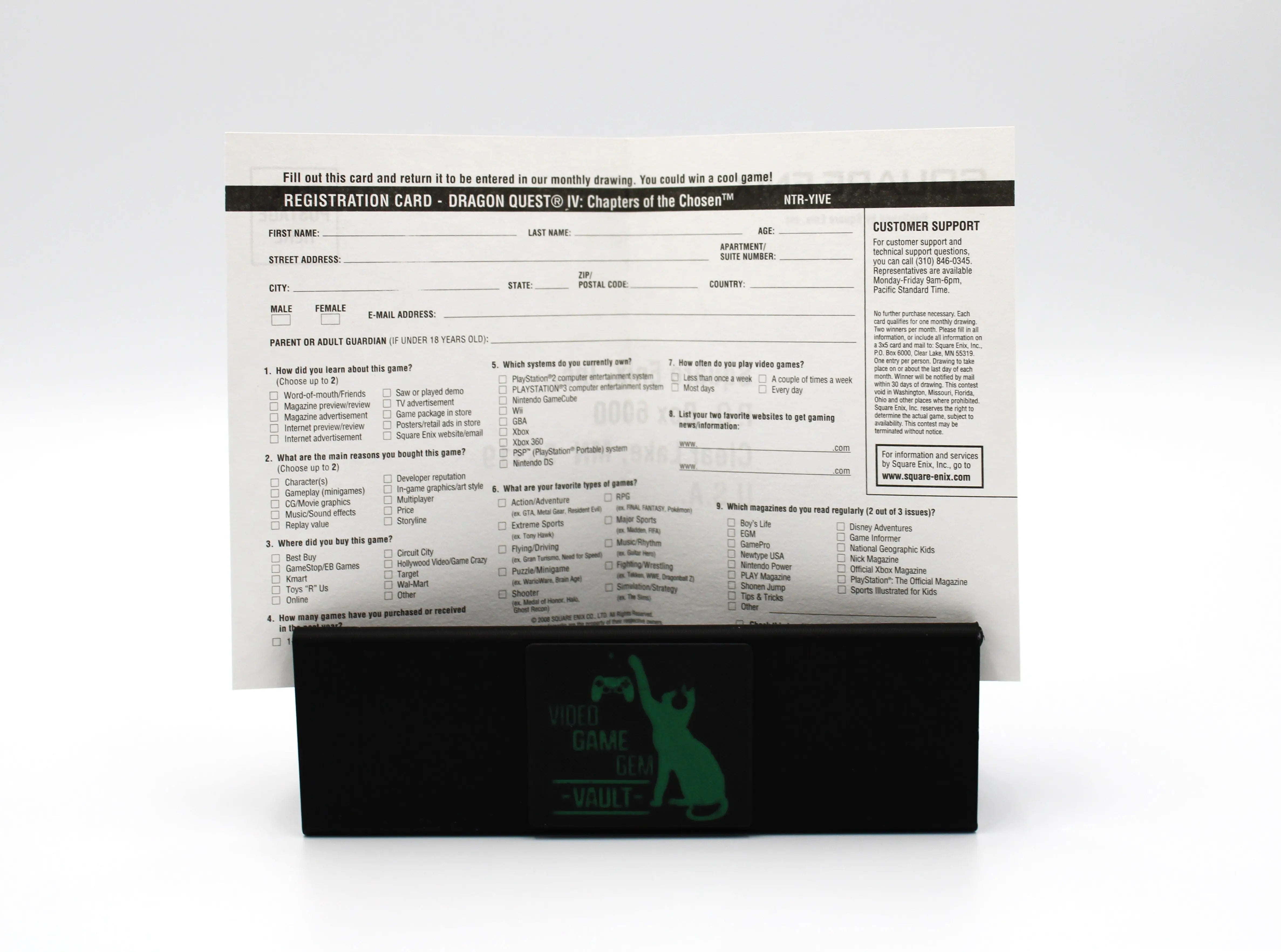 Back of unused Square Enix registration card for Dragon Quest IV: Chapters of the Chosen for Nintendo DS – NTSC‑U (2008), blank fields for name, address, customer support, and purchase info.