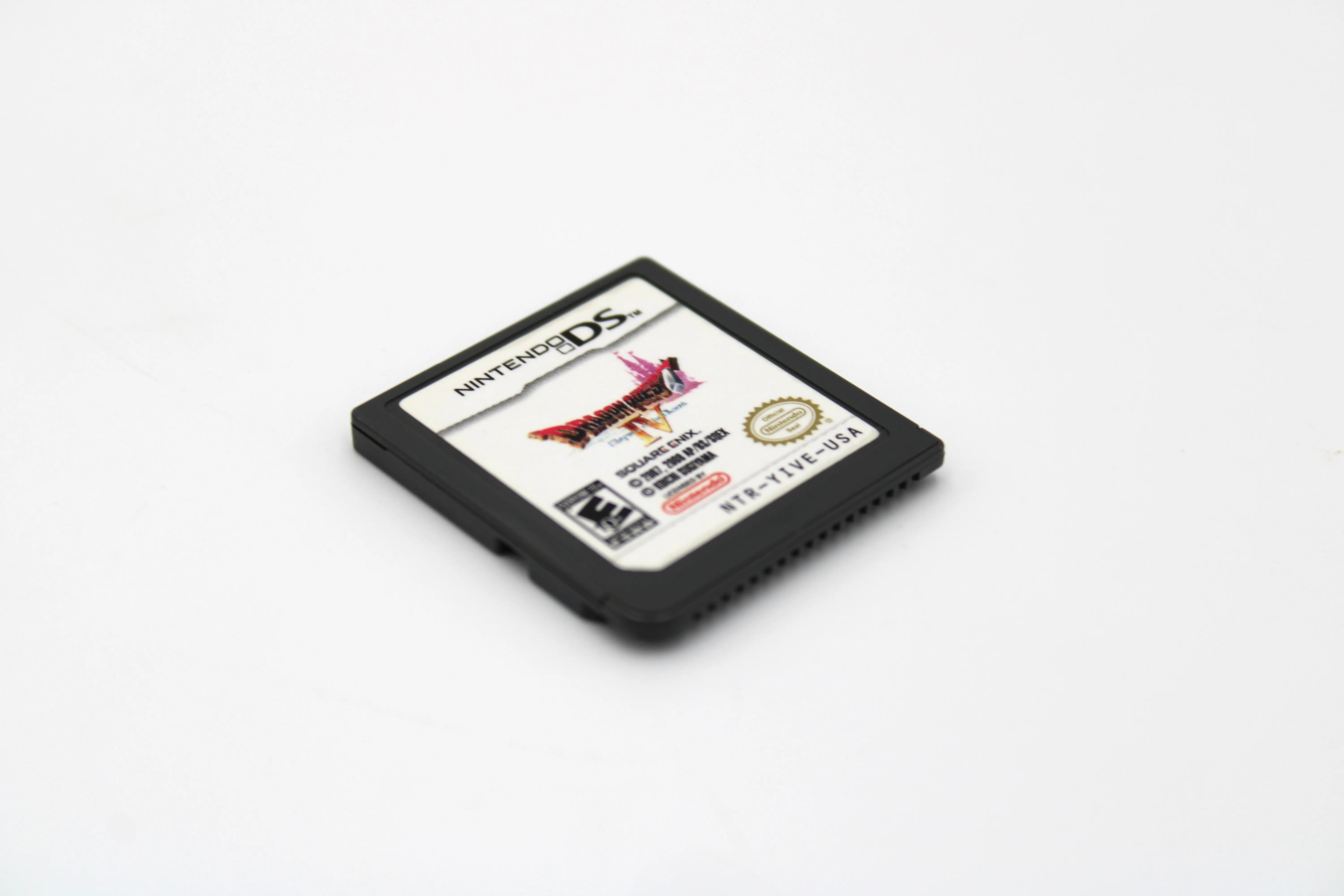 Angled front view of the authentic Dragon Quest IV: Chapters of the Chosen Nintendo DS cartridge – NTSC‑U (2008), showing the label art and Square Enix logo.