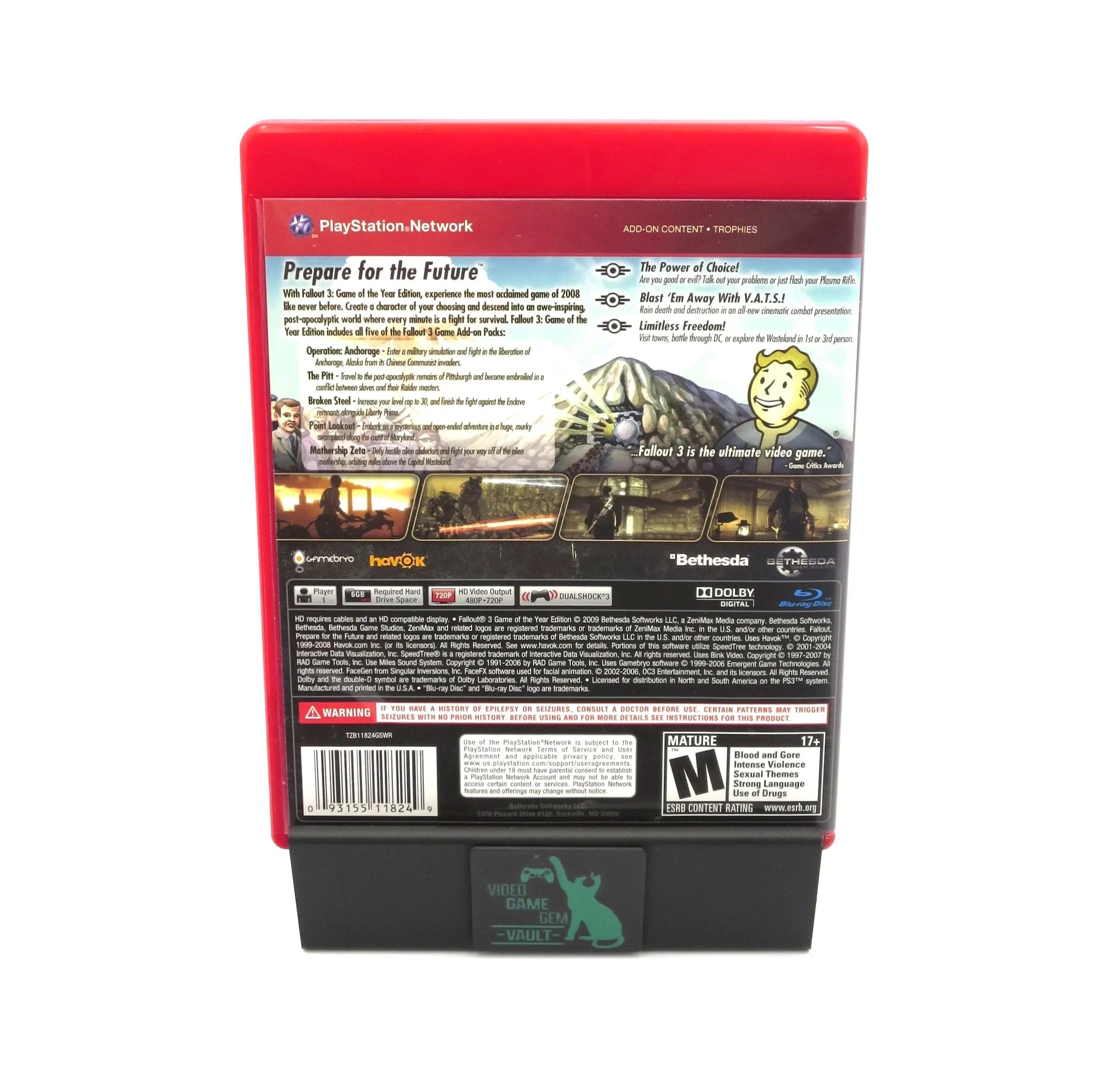 Back case view of Game disc, inserts. and case for 'Fallout 3' Game of the year edition G.OT.Y.E Greatest Hits Complete in box for the Sony PlayStation 3 on a white background. Rating M for Mature, UPC, and game text are visually clear.